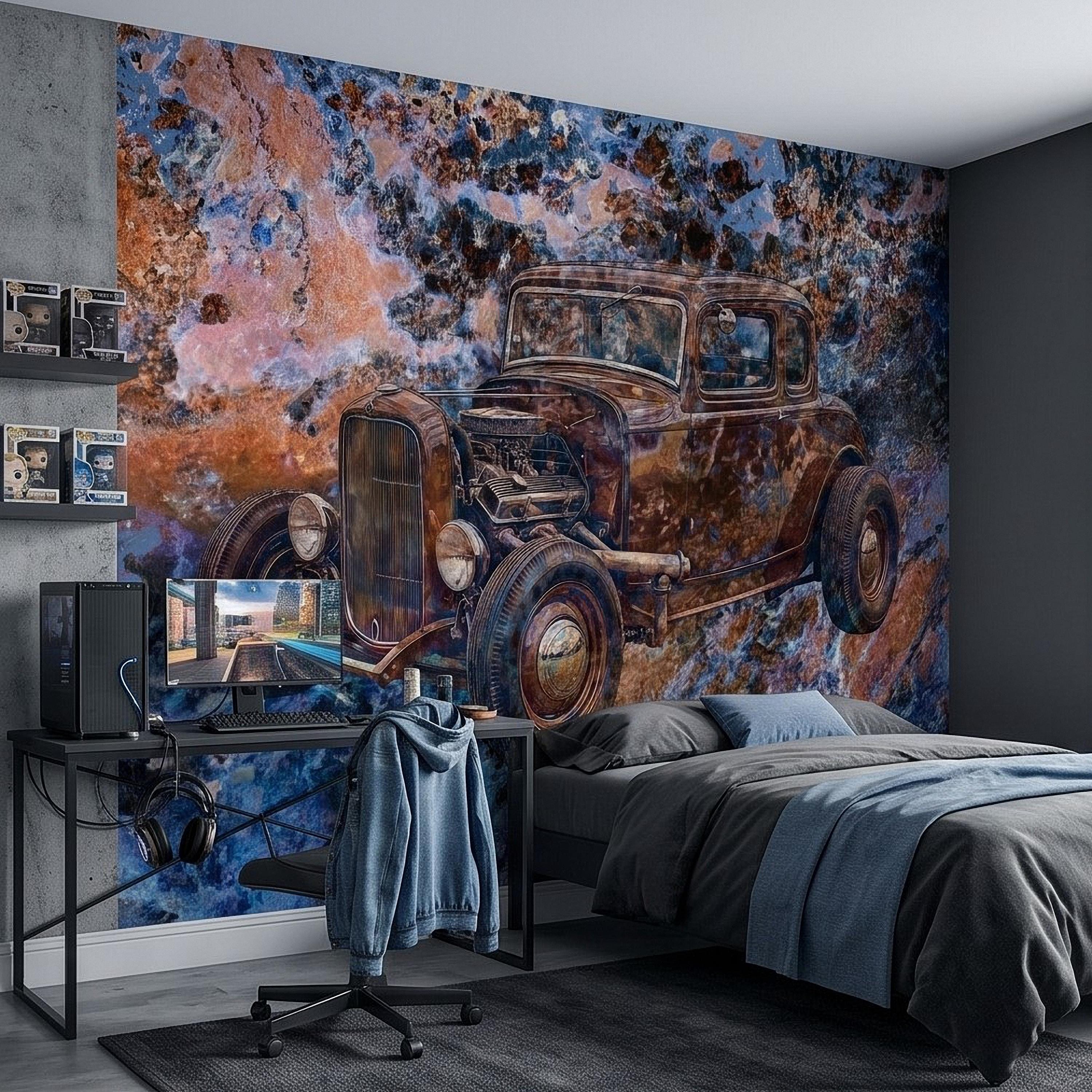 Vintage Hot Rod Car Peel and Stick Wall Mural, Classic Rat Rod Coupe, Blue Rust Grunge Texture Retro Automotive Industrial Wallpaper
