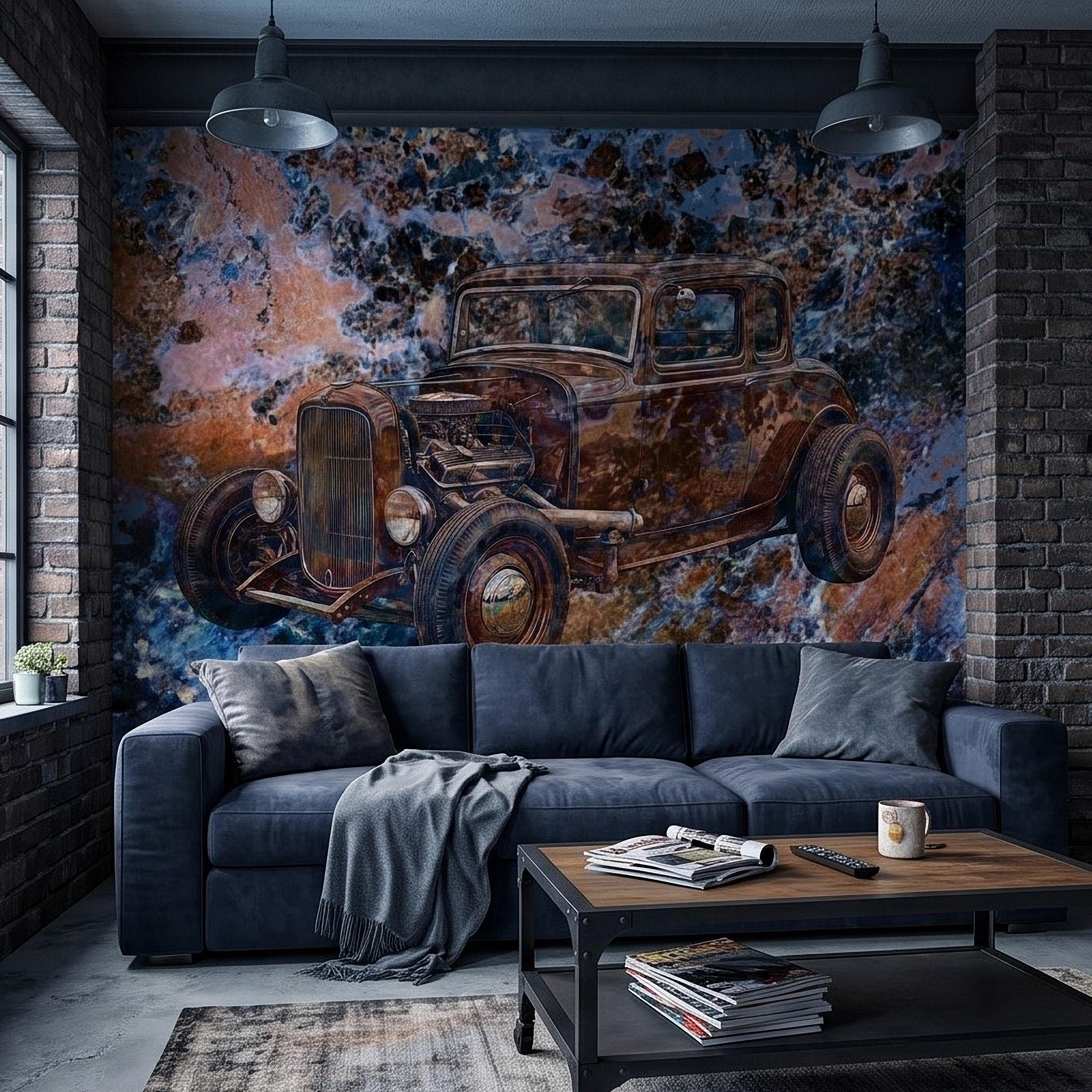 Vintage Hot Rod Car Peel and Stick Wall Mural, Classic Rat Rod Coupe, Blue Rust Grunge Texture Retro Automotive Industrial Wallpaper