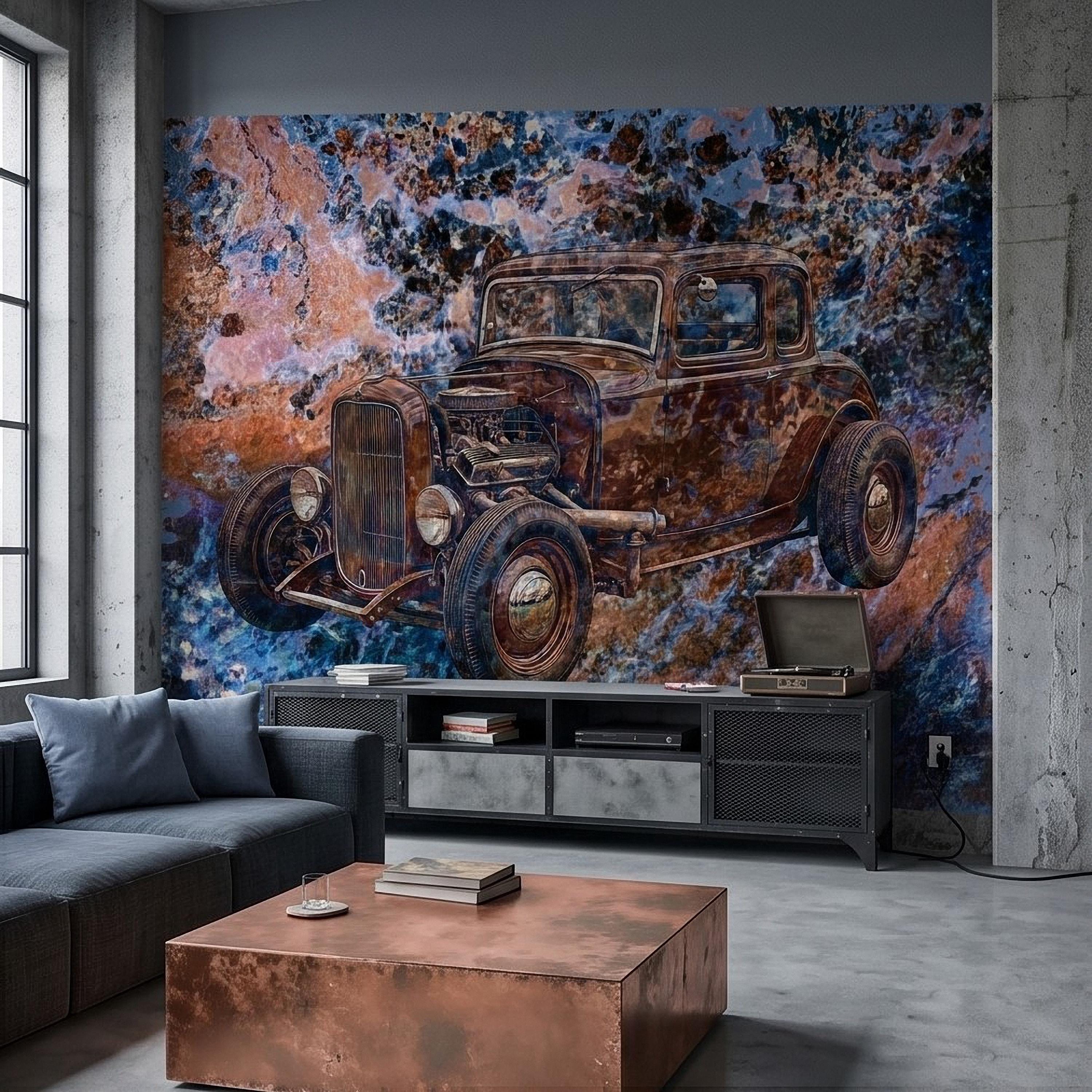 Vintage Hot Rod Car Peel and Stick Wall Mural, Classic Rat Rod Coupe, Blue Rust Grunge Texture Retro Automotive Industrial Wallpaper
