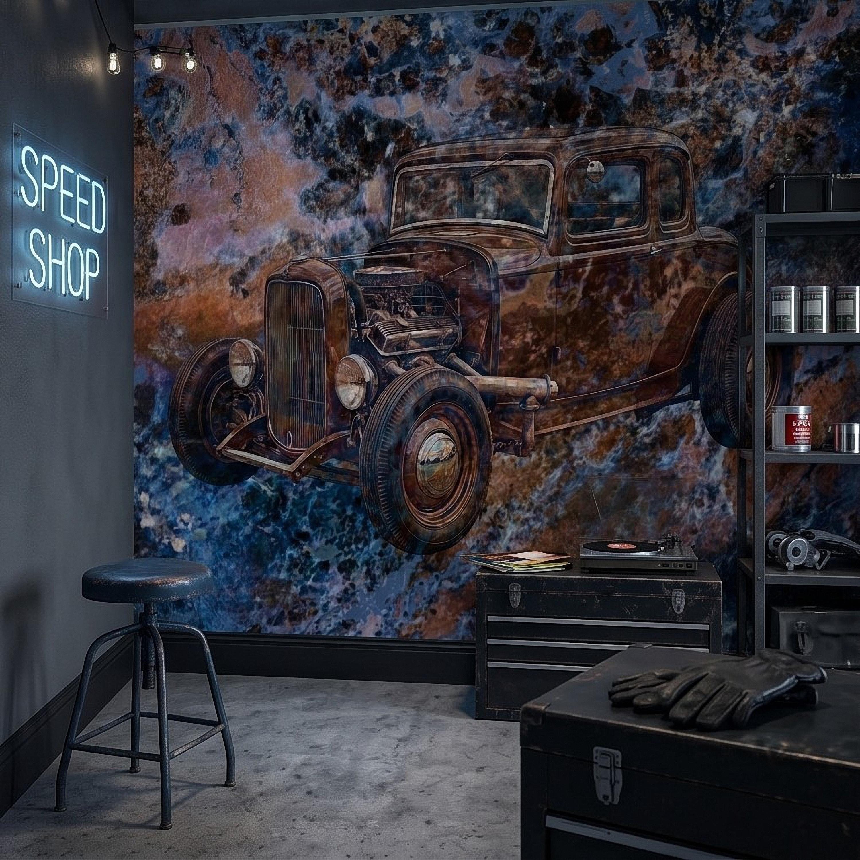 Vintage Hot Rod Car Peel and Stick Wall Mural, Classic Rat Rod Coupe, Blue Rust Grunge Texture Retro Automotive Industrial Wallpaper