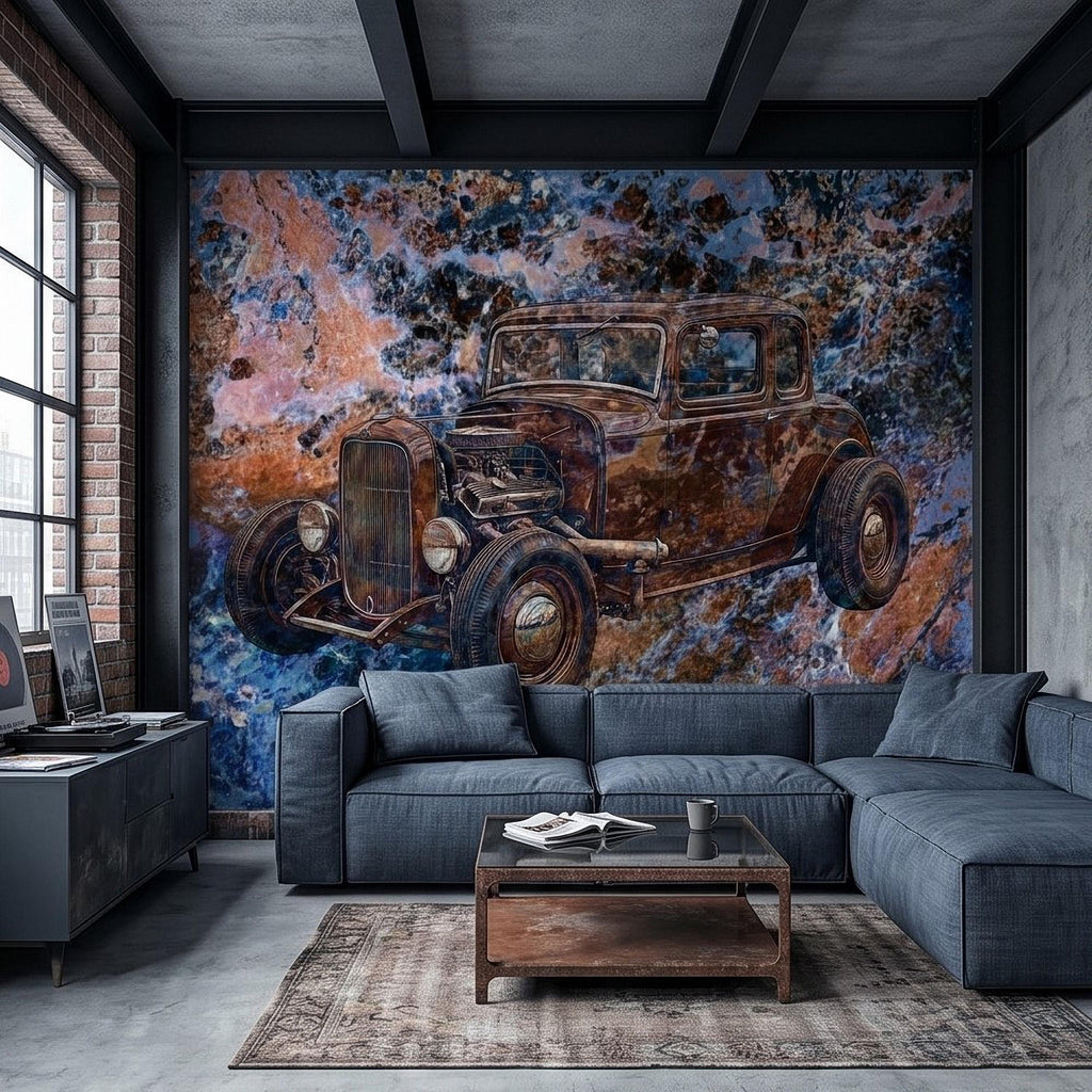 Vintage Hot Rod Car Peel and Stick Wall Mural, Classic Rat Rod Coupe, Blue Rust Grunge Texture Retro Automotive Industrial Wallpaper
