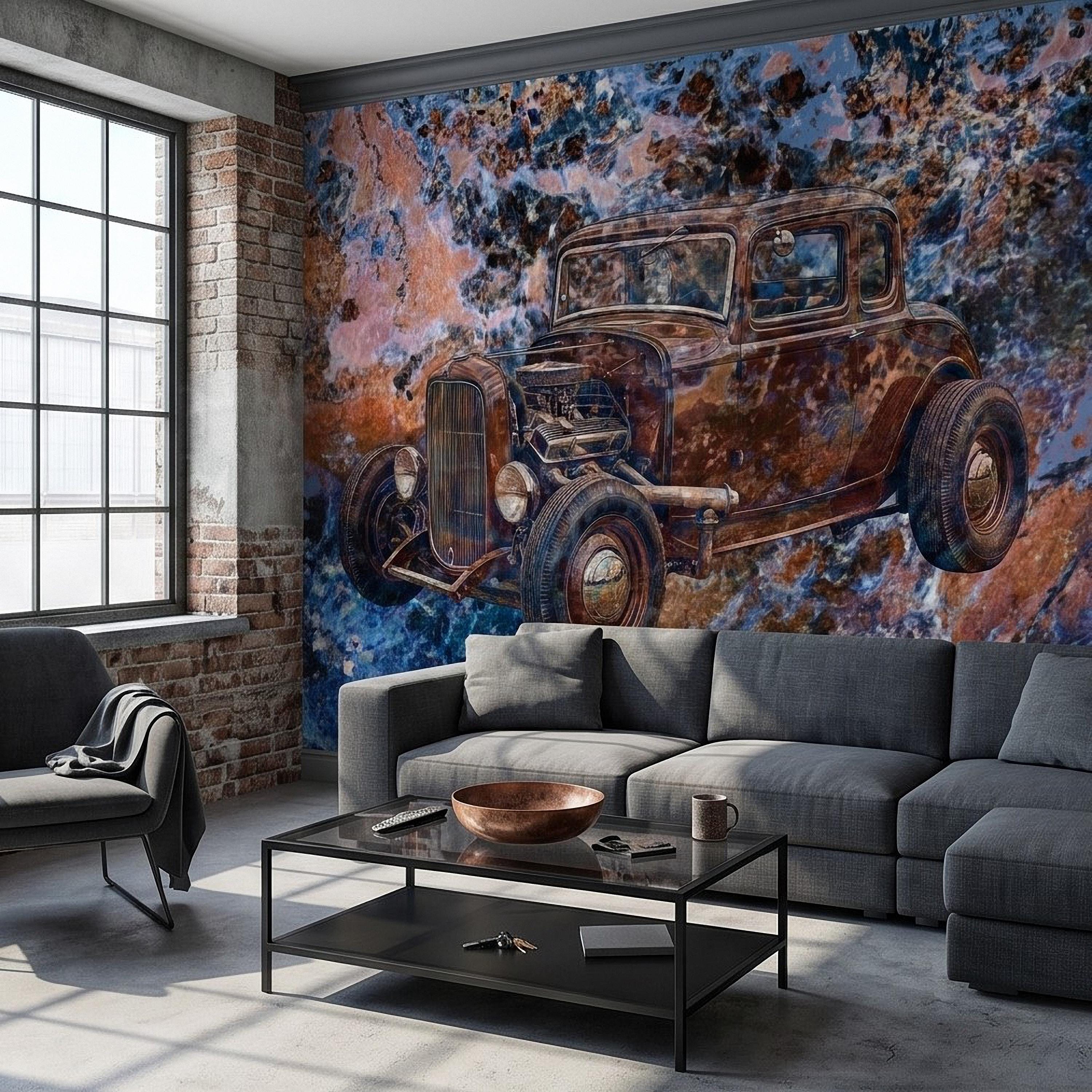 Vintage Hot Rod Car Peel and Stick Wall Mural, Classic Rat Rod Coupe, Blue Rust Grunge Texture Retro Automotive Industrial Wallpaper