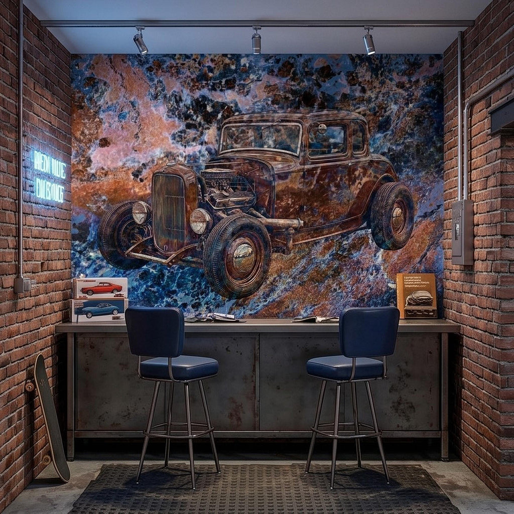 Vintage Hot Rod Car Peel and Stick Wall Mural, Classic Rat Rod Coupe, Blue Rust Grunge Texture Retro Automotive Industrial Wallpaper