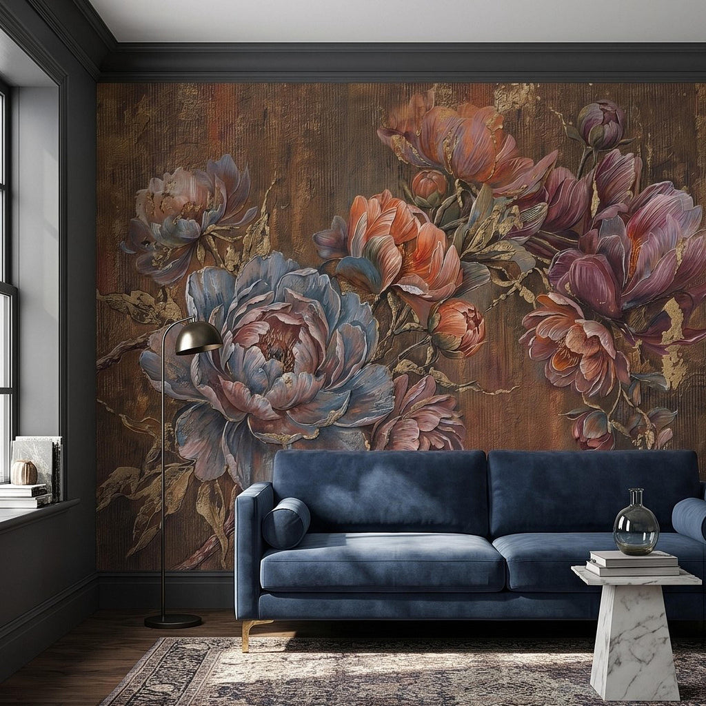 Luxury Peony Floral Peel and Stick Wall Mural, Vintage Painterly Flowers with Leaf Accents, Textured Dark Background, Bold Glam Wallpaper