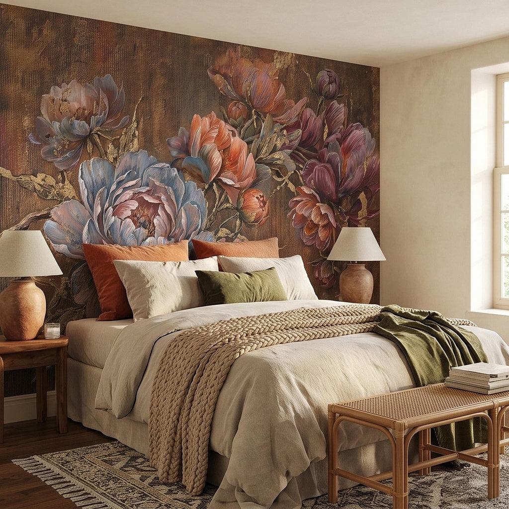 Luxury Peony Floral Peel and Stick Wall Mural, Vintage Painterly Flowers with Leaf Accents, Textured Dark Background, Bold Glam Wallpaper