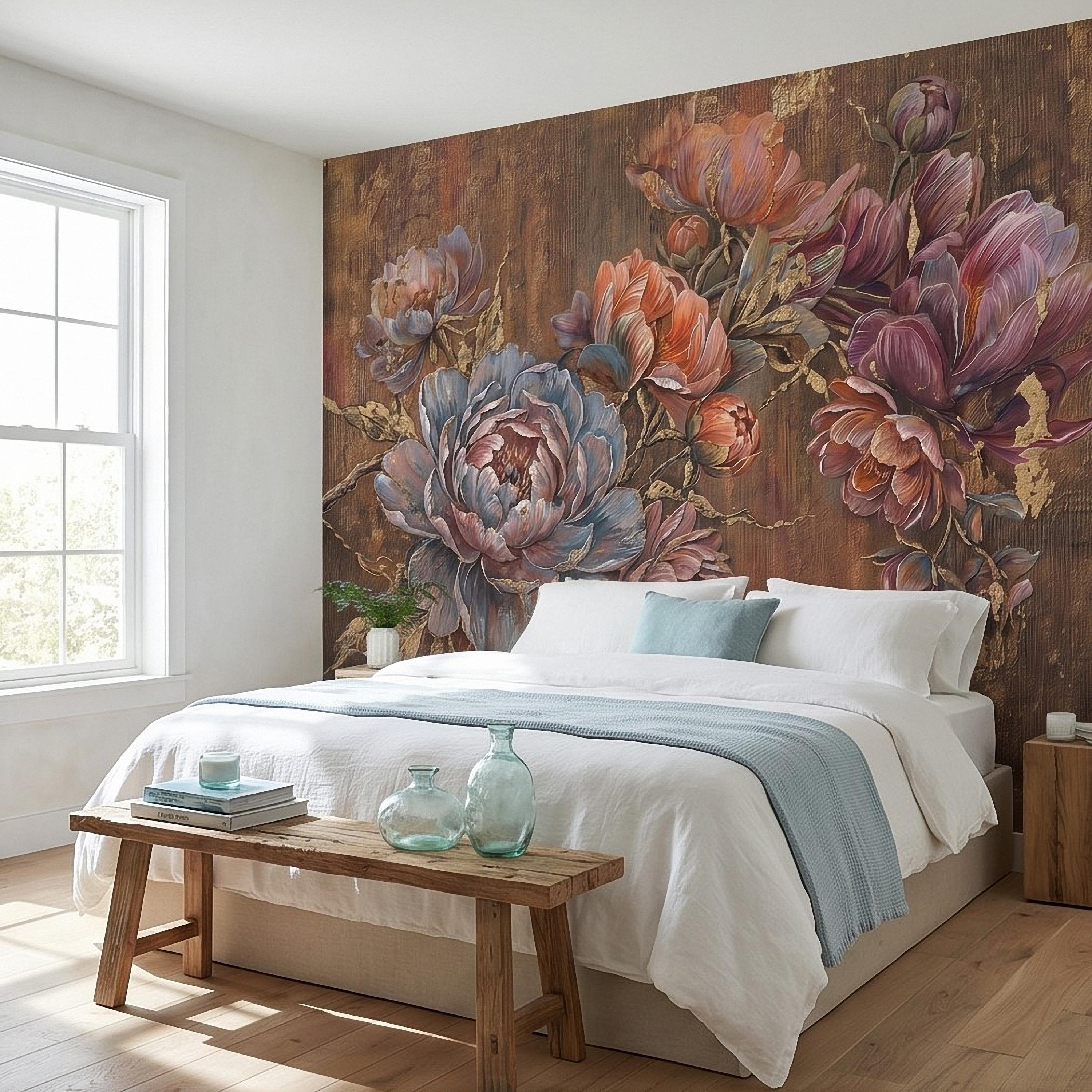 Luxury Peony Floral Peel and Stick Wall Mural, Vintage Painterly Flowers with Leaf Accents, Textured Dark Background, Bold Glam Wallpaper