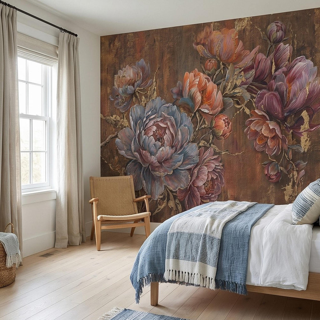 Luxury Peony Floral Peel and Stick Wall Mural, Vintage Painterly Flowers with Leaf Accents, Textured Dark Background, Bold Glam Wallpaper