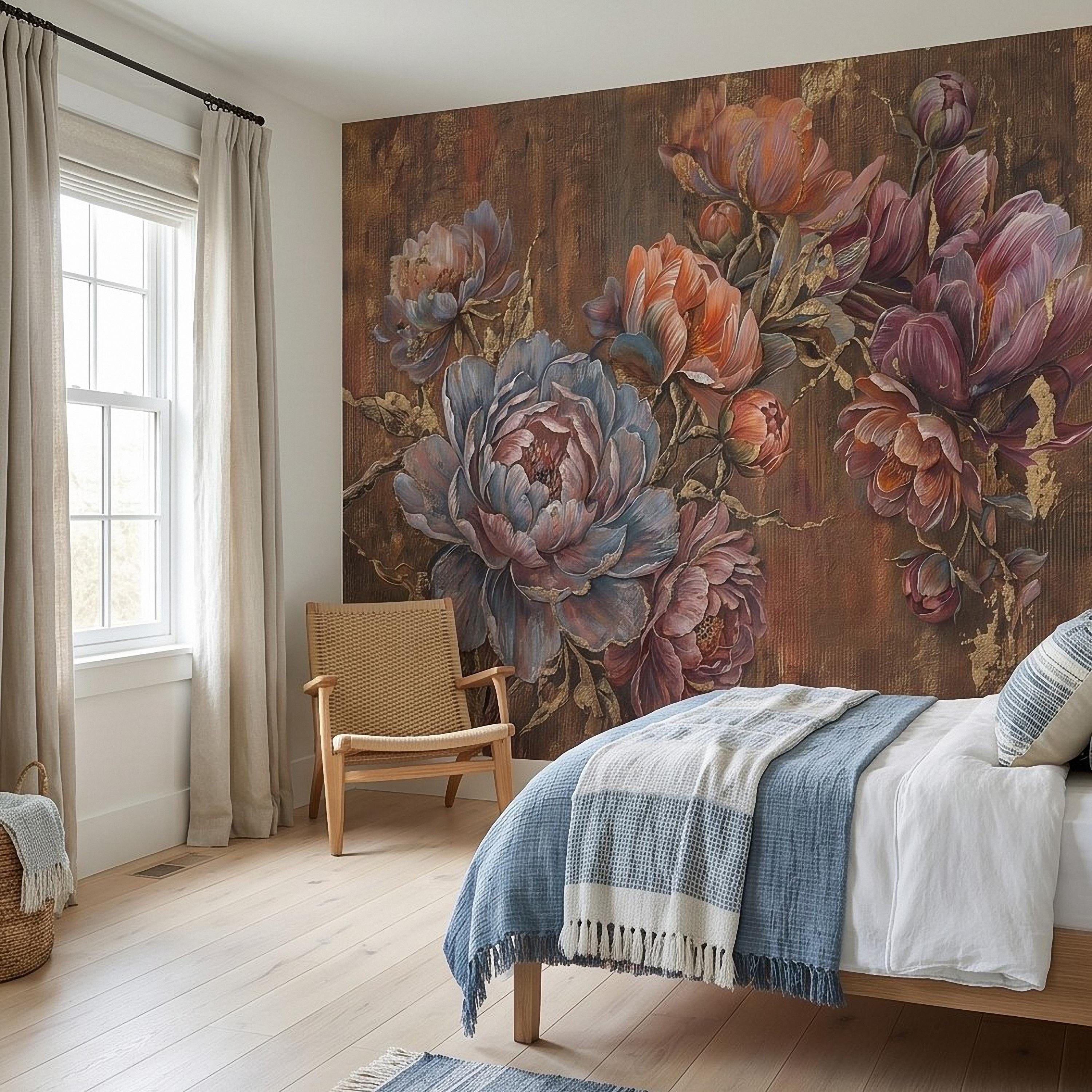 Luxury Peony Floral Peel and Stick Wall Mural, Vintage Painterly Flowers with Leaf Accents, Textured Dark Background, Bold Glam Wallpaper