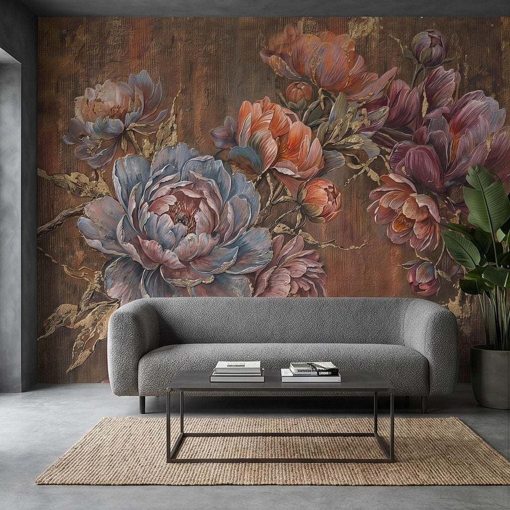 Luxury Peony Floral Peel and Stick Wall Mural, Vintage Painterly Flowers with Leaf Accents, Textured Dark Background, Bold Glam Wallpaper