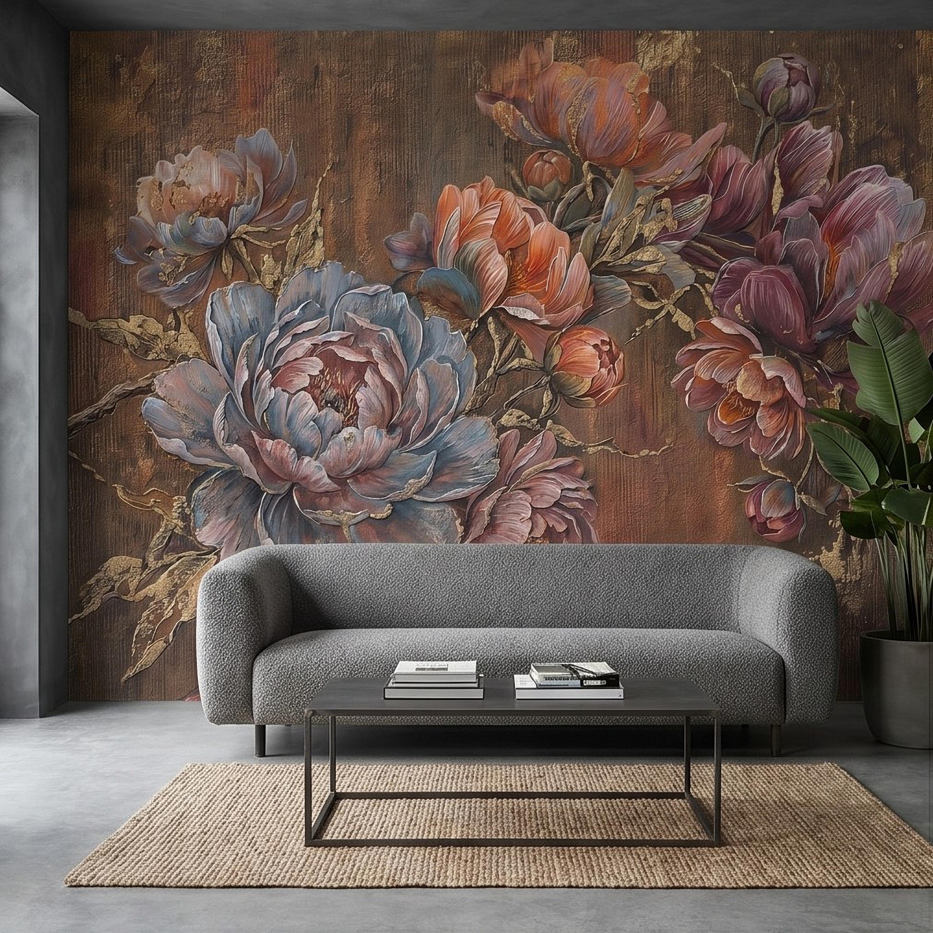 Luxury Peony Floral Peel and Stick Wall Mural, Vintage Painterly Flowers with Leaf Accents, Textured Dark Background, Bold Glam Wallpaper