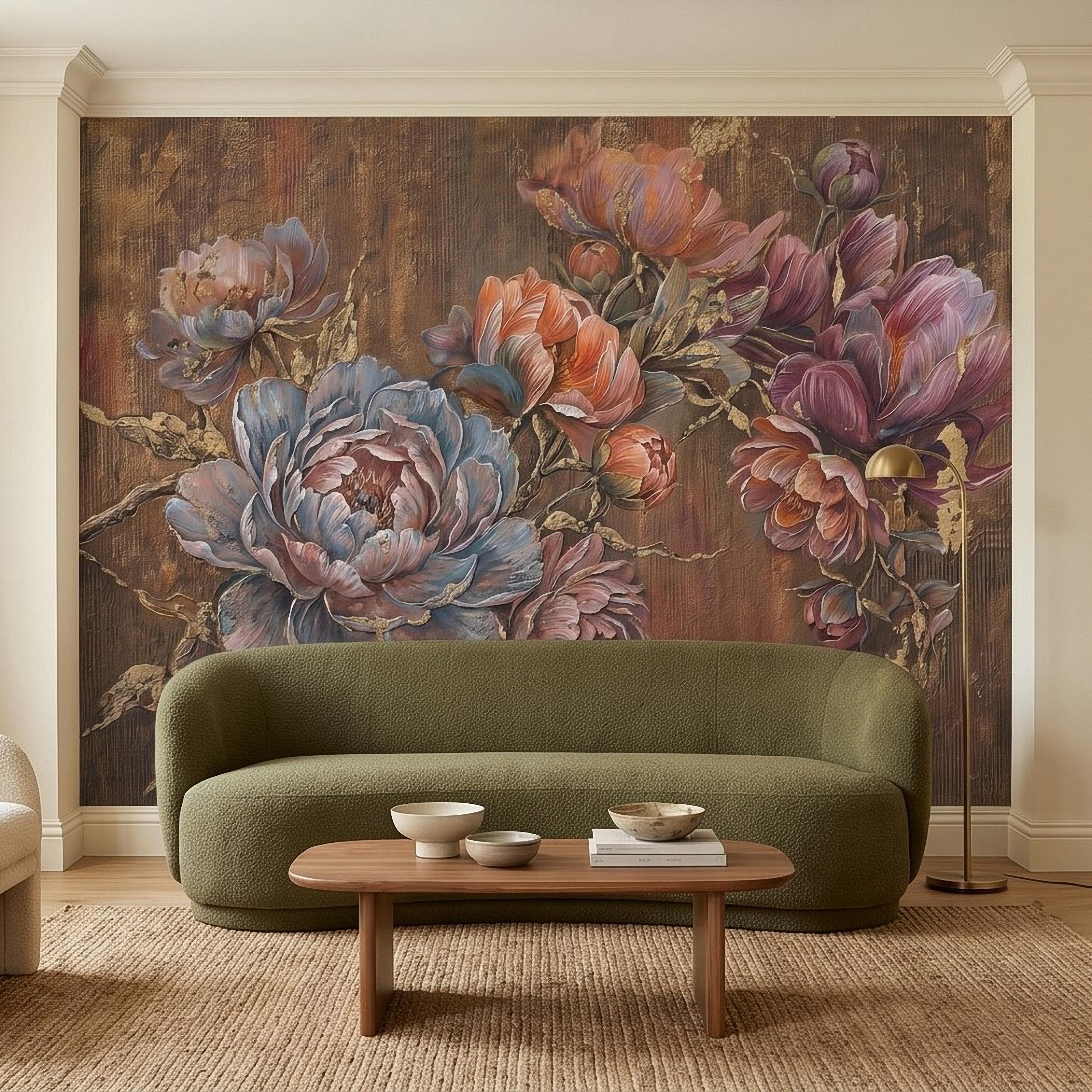 Luxury Peony Floral Peel and Stick Wall Mural, Vintage Painterly Flowers with Leaf Accents, Textured Dark Background, Bold Glam Wallpaper
