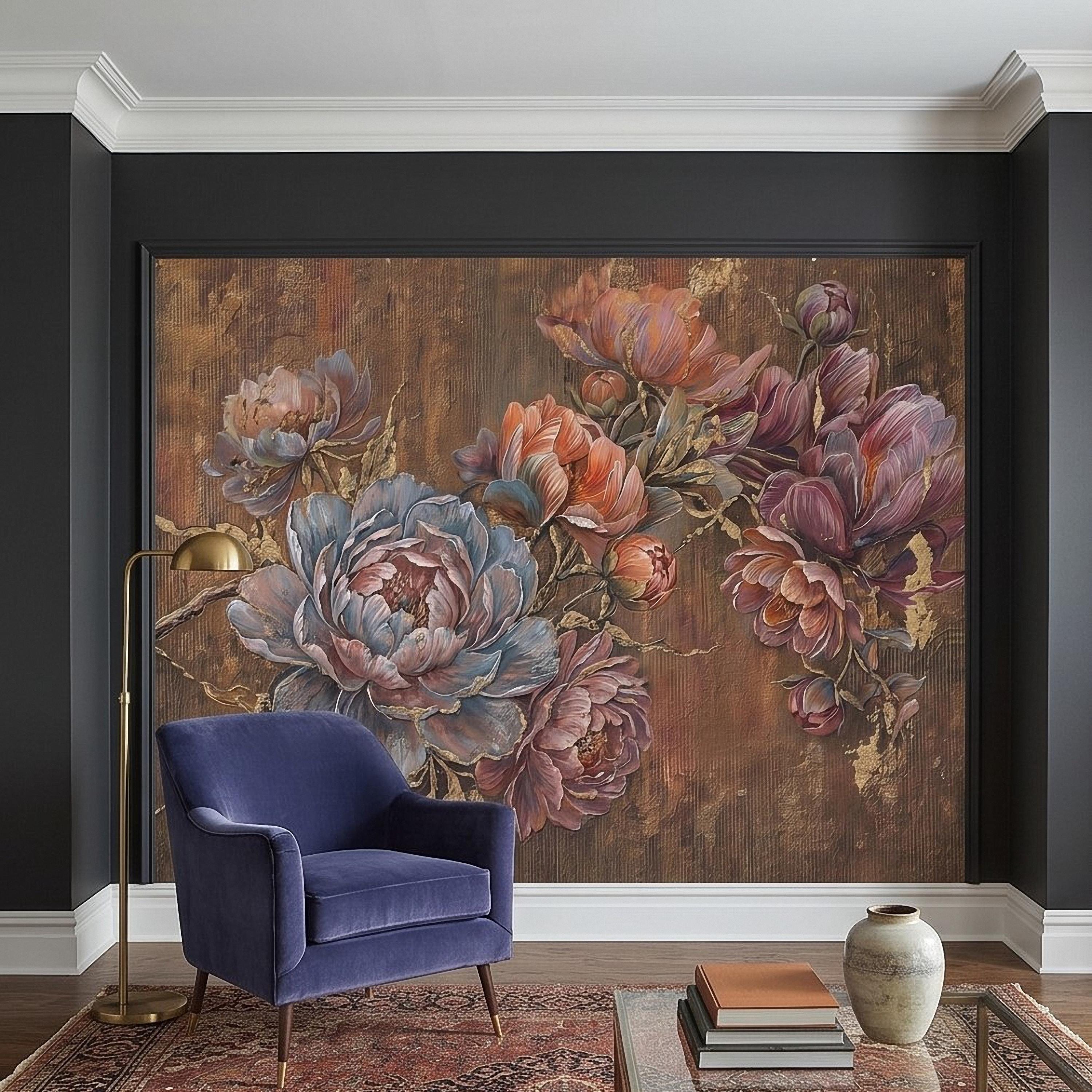 Luxury Peony Floral Peel and Stick Wall Mural, Vintage Painterly Flowers with Leaf Accents, Textured Dark Background, Bold Glam Wallpaper