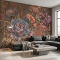 Luxury Peony Floral Peel and Stick Wall Mural, Vintage Painterly Flowers with Leaf Accents, Textured Dark Background, Bold Glam Wallpaper