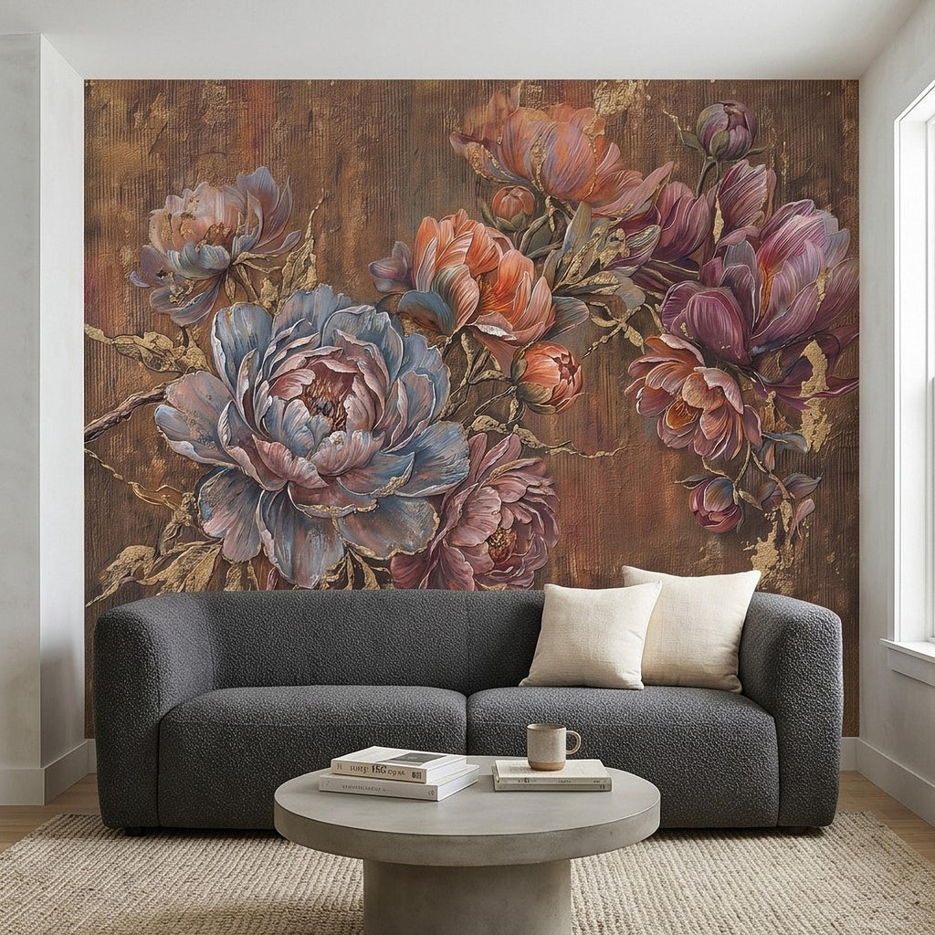 Luxury Peony Floral Peel and Stick Wall Mural, Vintage Painterly Flowers with Leaf Accents, Textured Dark Background, Bold Glam Wallpaper