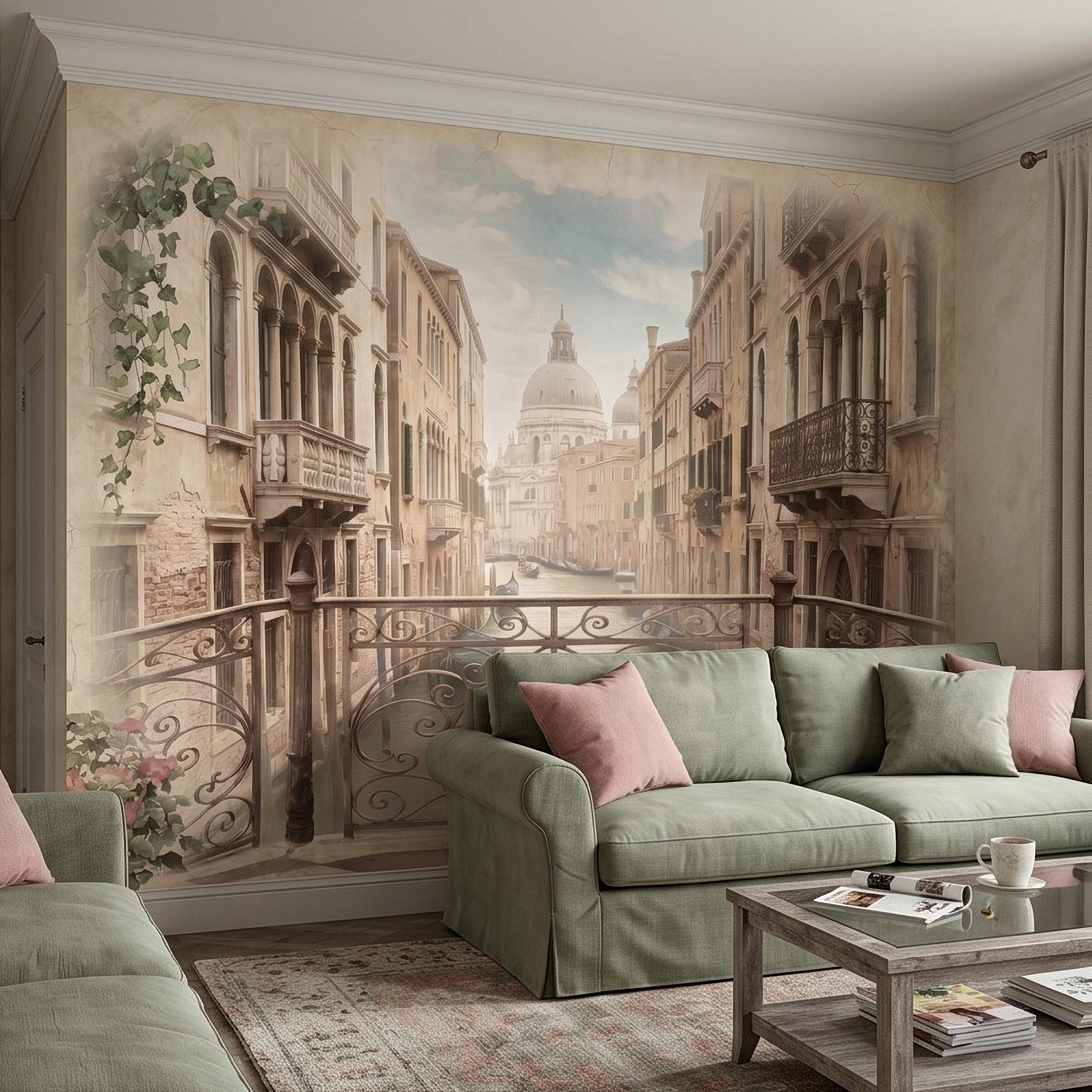 Venice Canal Peel and Stick Wall Mural, Vintage Italy Balcony View, Gondola Grand Canal Scene, Old World Italian Sepia Wallpaper