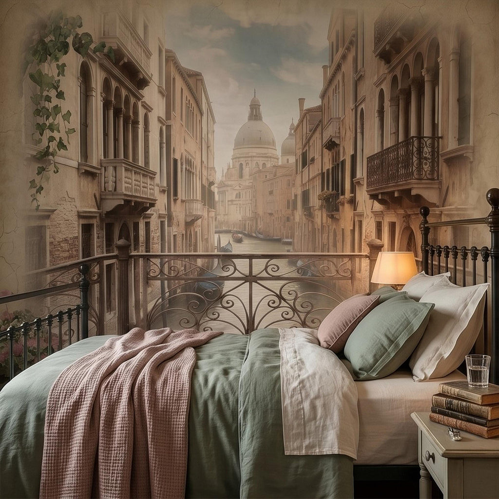 Venice Canal Peel and Stick Wall Mural, Vintage Italy Balcony View, Gondola Grand Canal Scene, Old World Italian Sepia Wallpaper