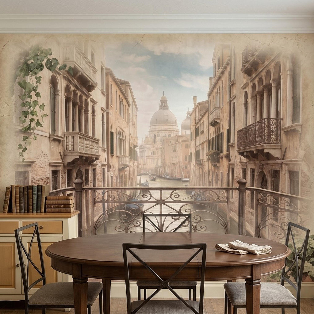 Venice Canal Peel and Stick Wall Mural, Vintage Italy Balcony View, Gondola Grand Canal Scene, Old World Italian Sepia Wallpaper