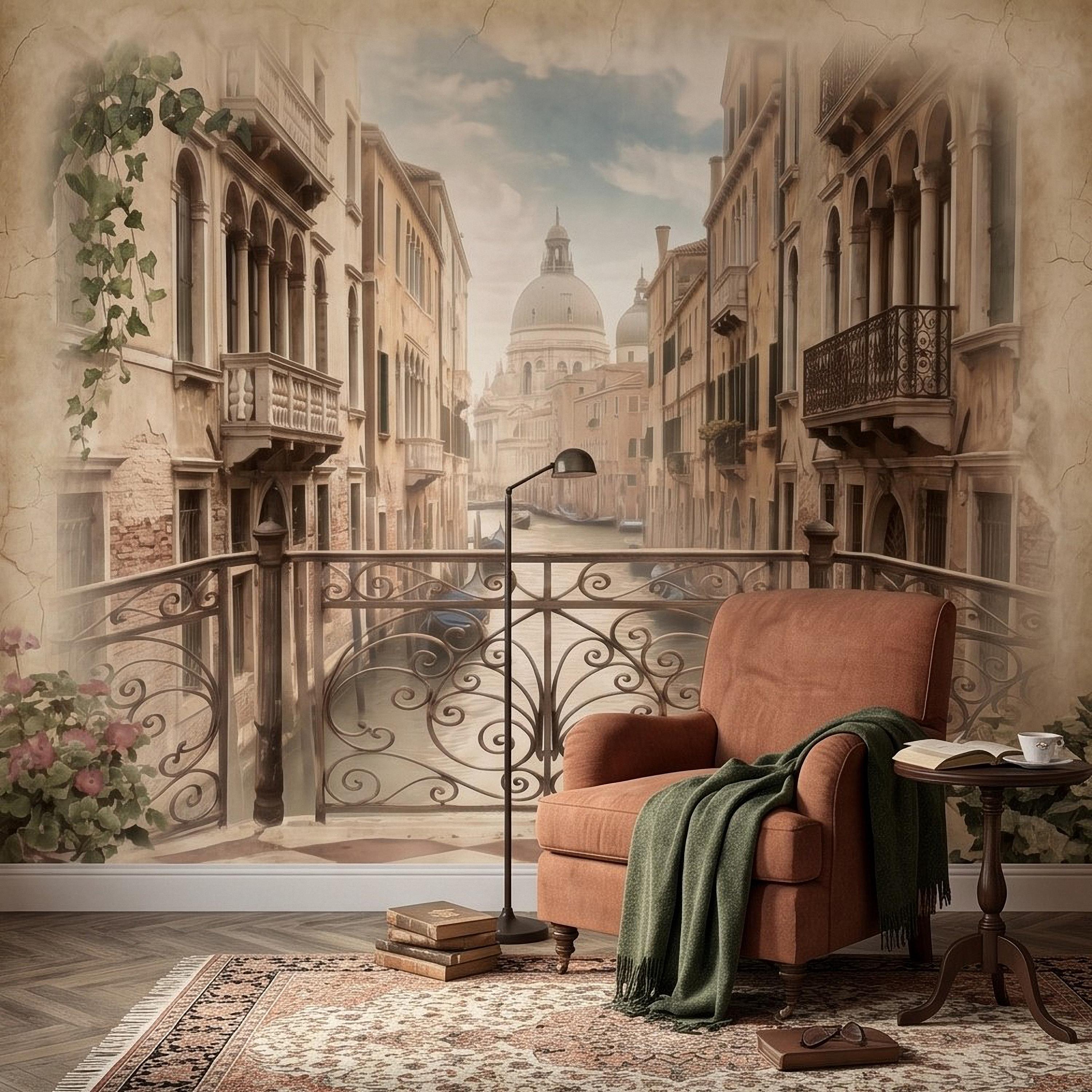 Venice Canal Peel and Stick Wall Mural, Vintage Italy Balcony View, Gondola Grand Canal Scene, Old World Italian Sepia Wallpaper