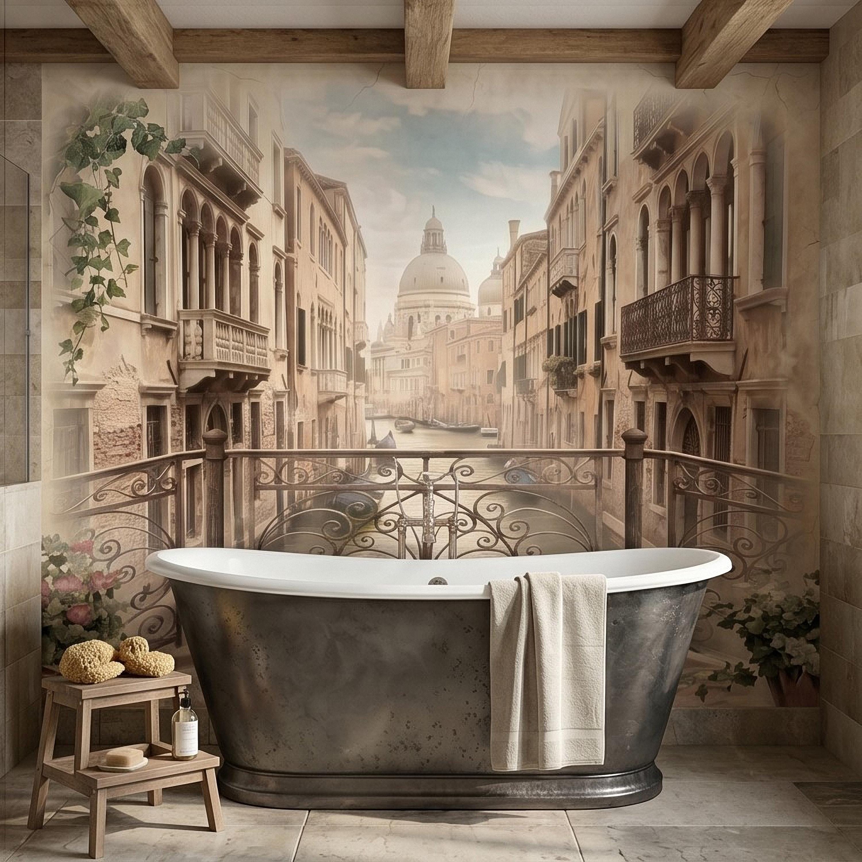 Venice Canal Peel and Stick Wall Mural, Vintage Italy Balcony View, Gondola Grand Canal Scene, Old World Italian Sepia Wallpaper