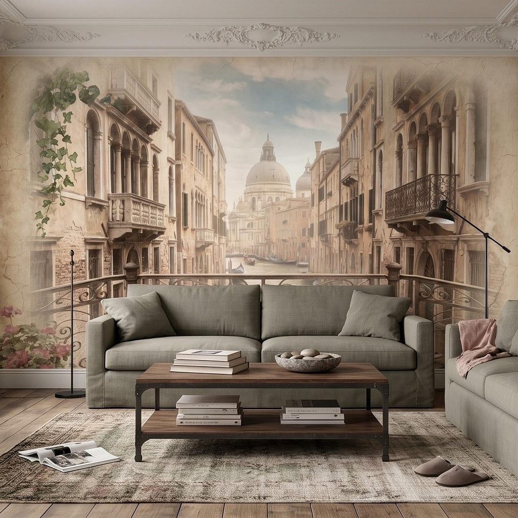 Venice Canal Peel and Stick Wall Mural, Vintage Italy Balcony View, Gondola Grand Canal Scene, Old World Italian Sepia Wallpaper