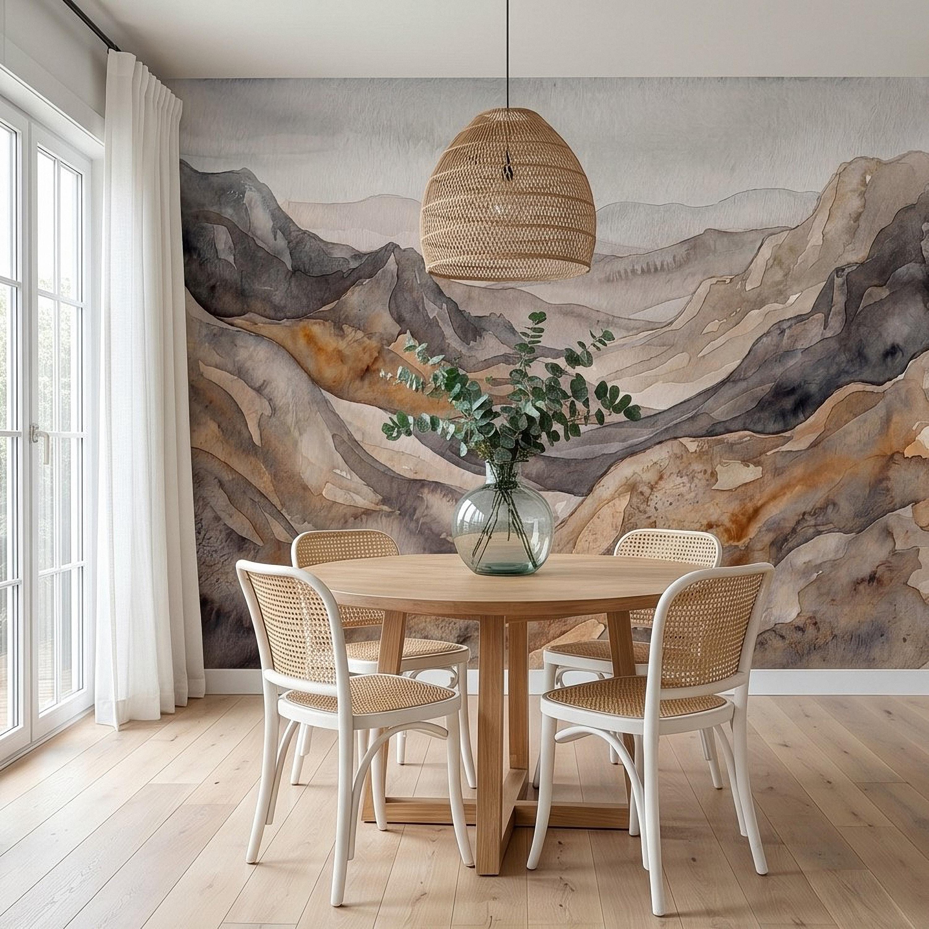 Neutral Watercolor Mountains Peel and Stick Wall Mural, Abstract Earth Tone Range, Minimal Boho Scandi Modern Hills Vista Wallpaper