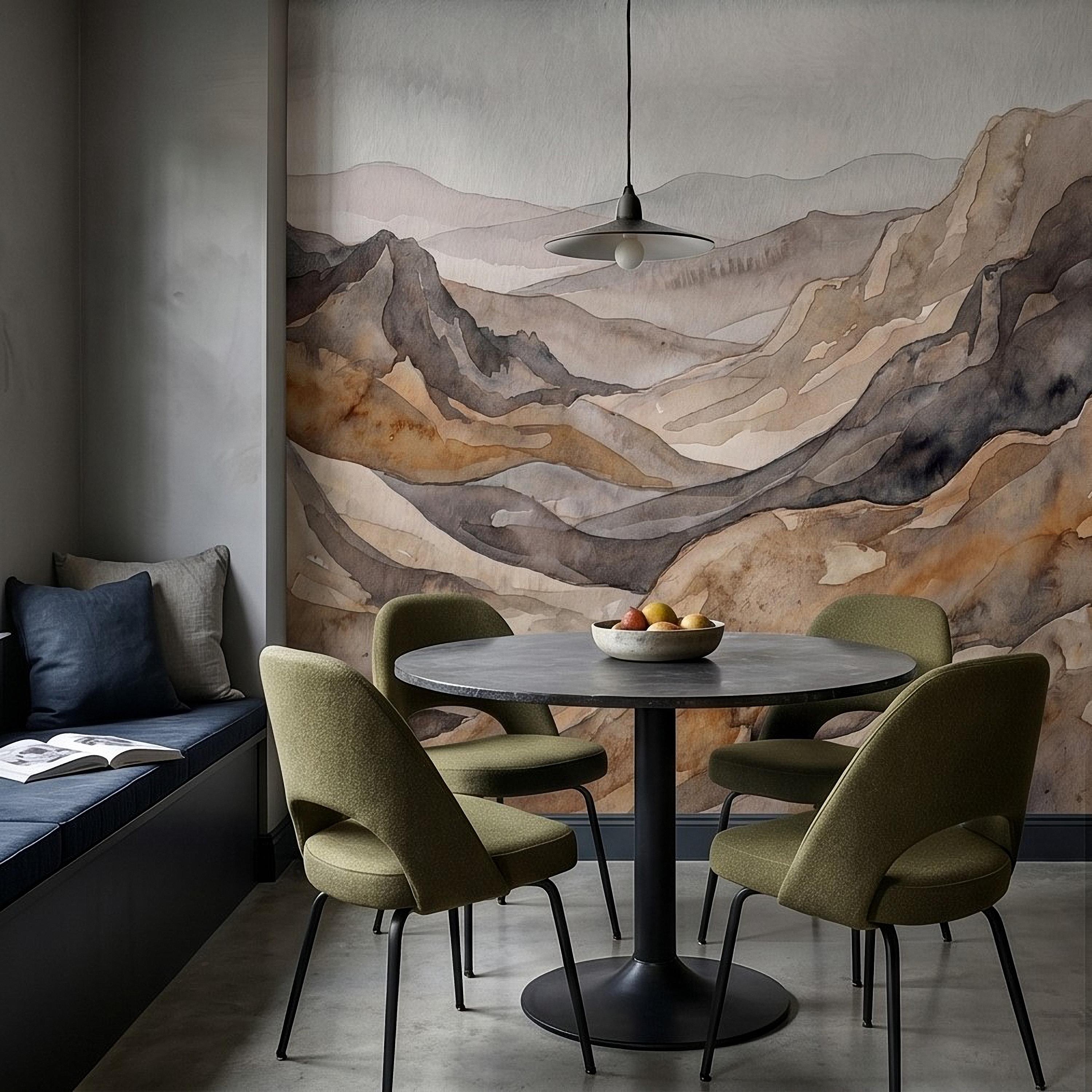 Neutral Watercolor Mountains Peel and Stick Wall Mural, Abstract Earth Tone Range, Minimal Boho Scandi Modern Hills Vista Wallpaper