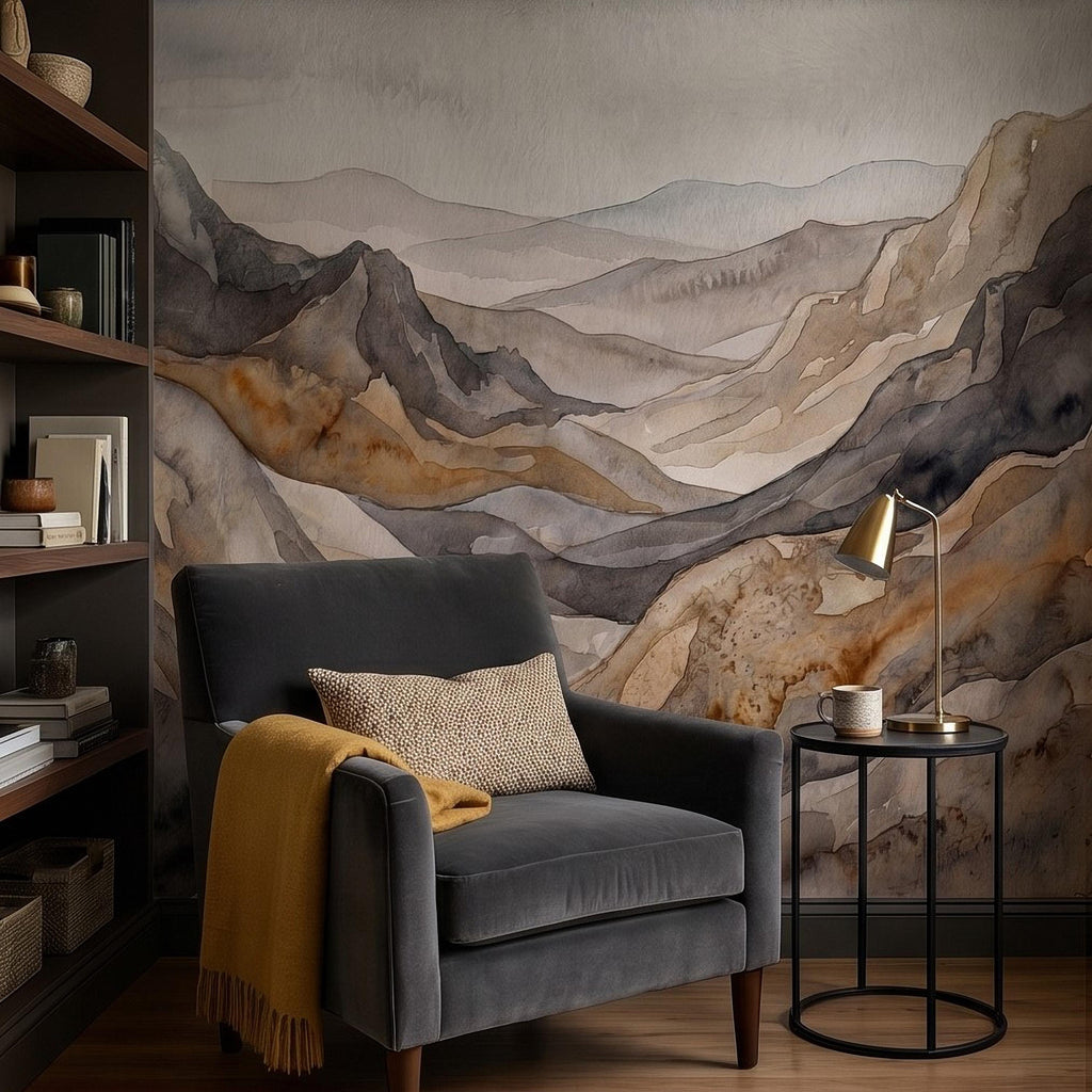 Neutral Watercolor Mountains Peel and Stick Wall Mural, Abstract Earth Tone Range, Minimal Boho Scandi Modern Hills Vista Wallpaper