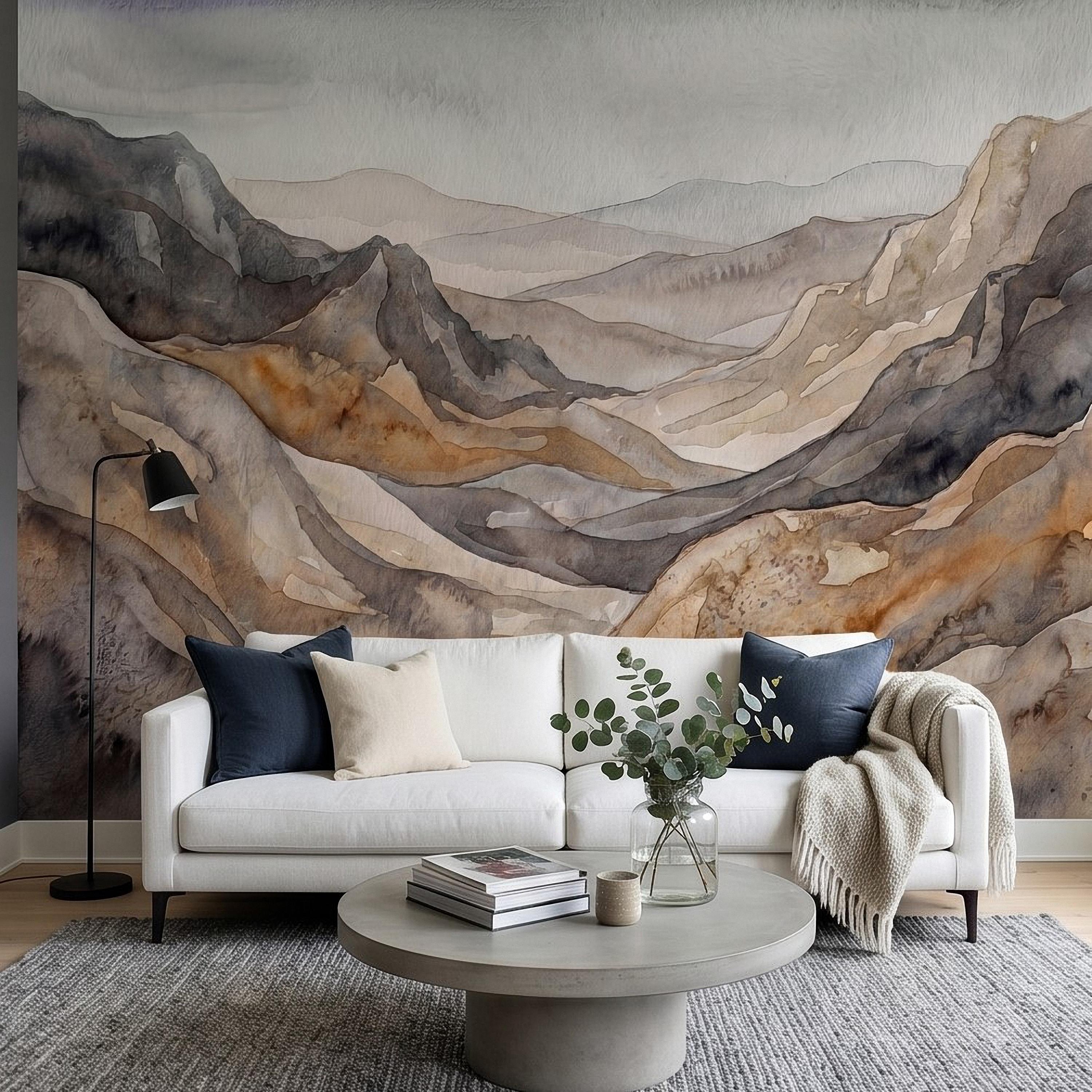 Neutral Watercolor Mountains Peel and Stick Wall Mural, Abstract Earth Tone Range, Minimal Boho Scandi Modern Hills Vista Wallpaper