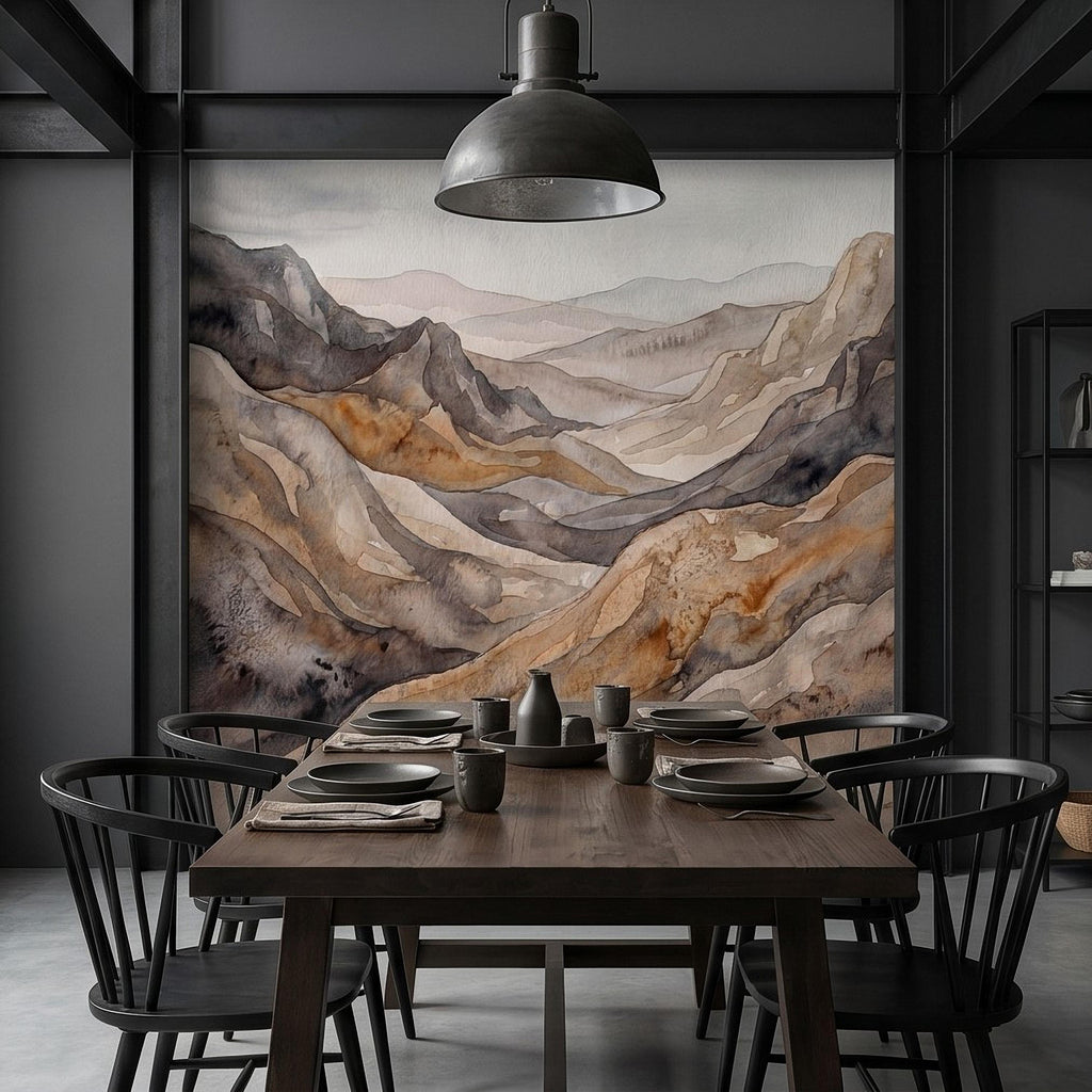 Neutral Watercolor Mountains Peel and Stick Wall Mural, Abstract Earth Tone Range, Minimal Boho Scandi Modern Hills Vista Wallpaper