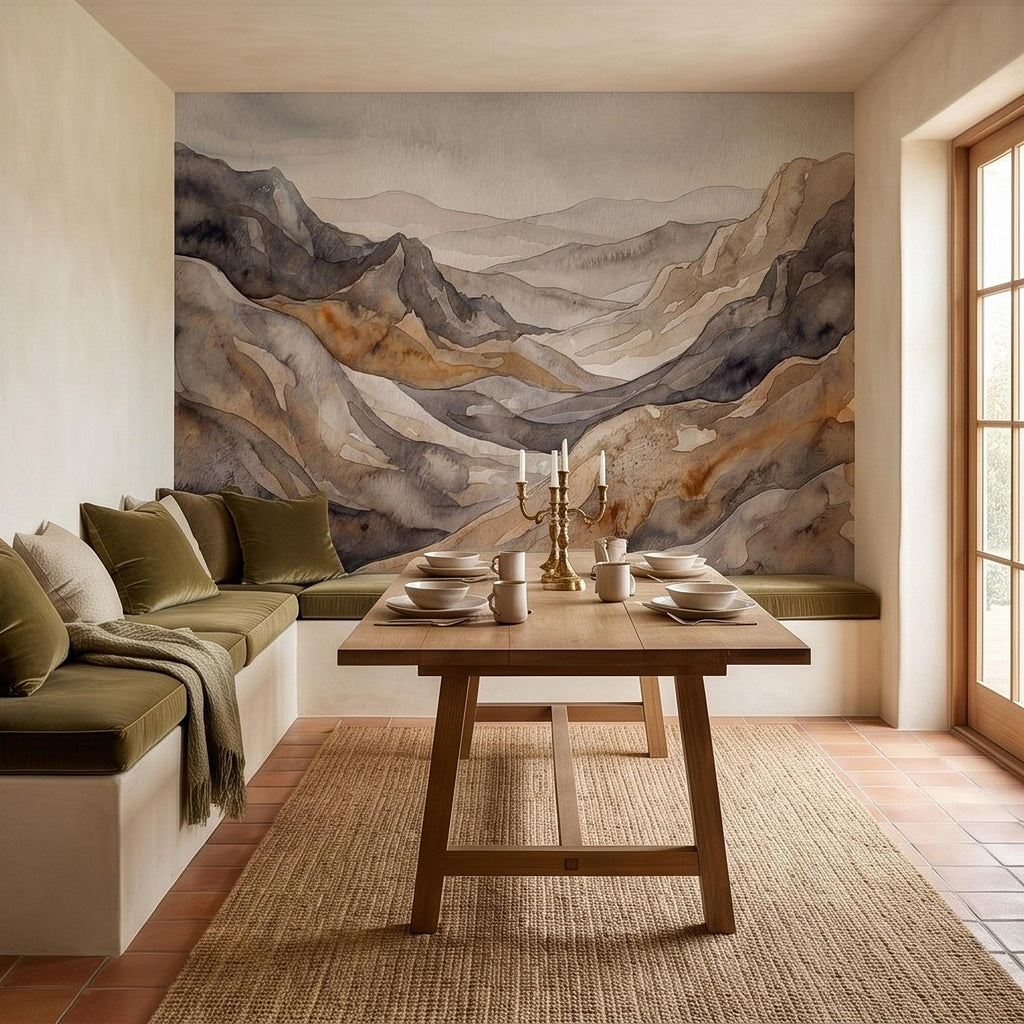 Neutral Watercolor Mountains Peel and Stick Wall Mural, Abstract Earth Tone Range, Minimal Boho Scandi Modern Hills Vista Wallpaper