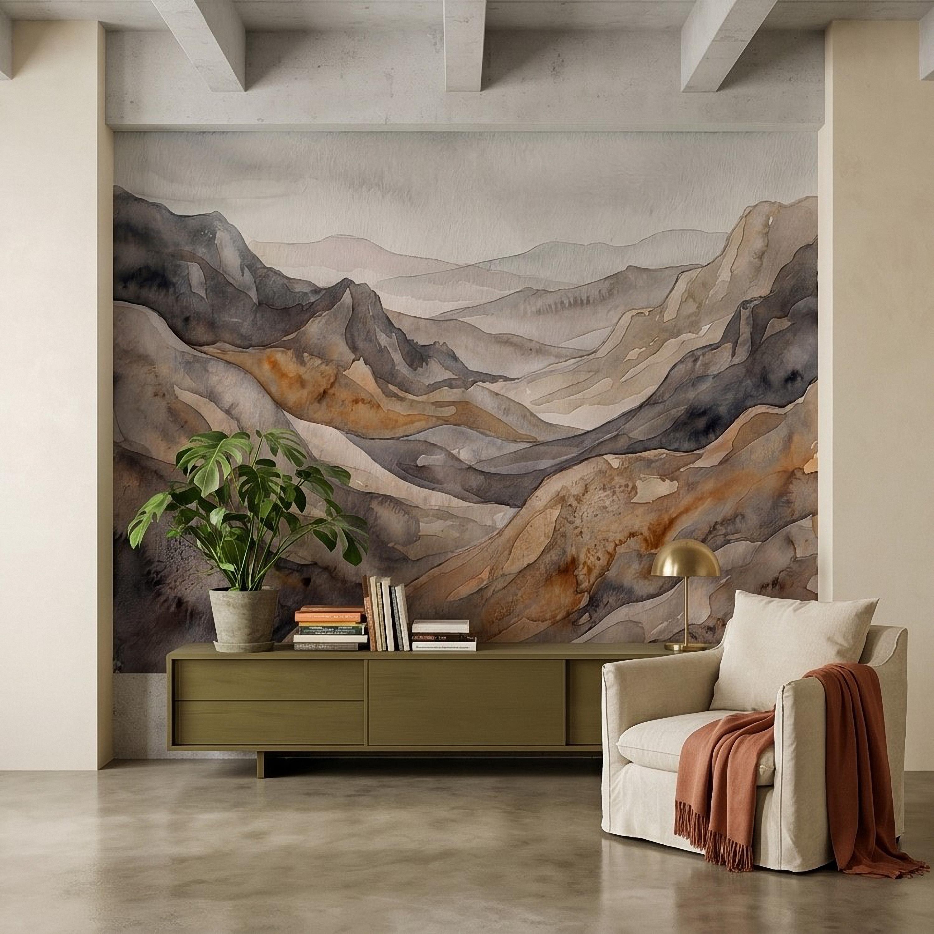 Neutral Watercolor Mountains Peel and Stick Wall Mural, Abstract Earth Tone Range, Minimal Boho Scandi Modern Hills Vista Wallpaper
