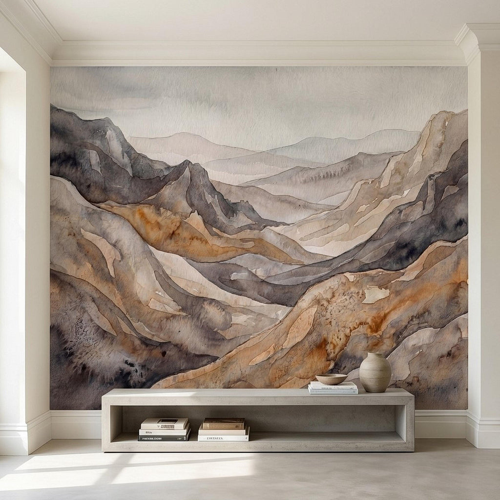 Neutral Watercolor Mountains Peel and Stick Wall Mural, Abstract Earth Tone Range, Minimal Boho Scandi Modern Hills Vista Wallpaper