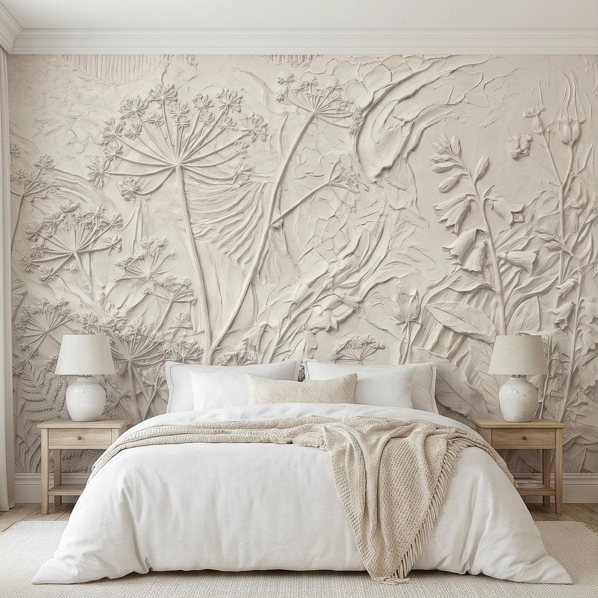Textured floral wall mural with raised dandelion and wildflower bas-relief in light tone