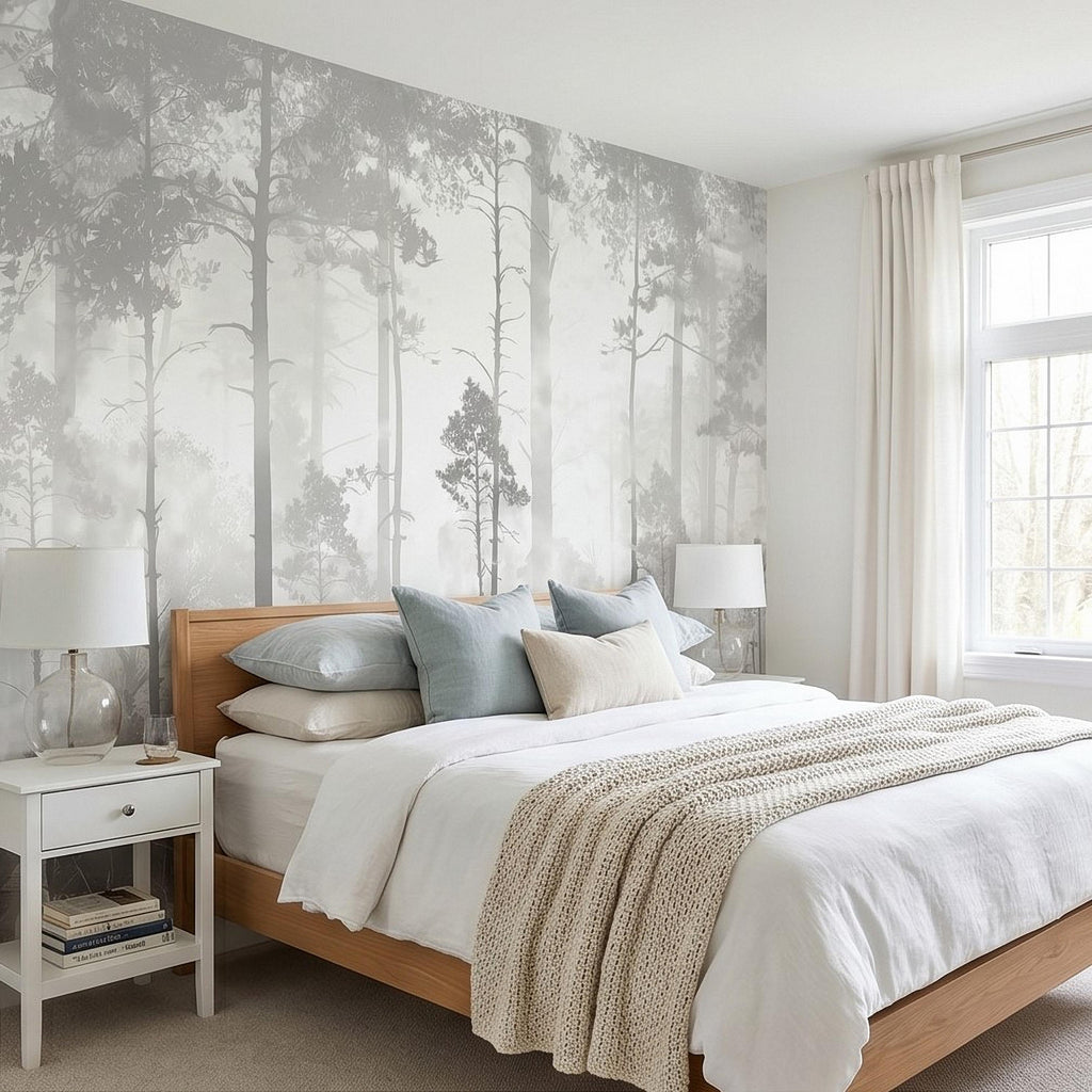 Gray Misty Forest Peel and Stick Wall Mural, Monochrome Woodland Tree Silhouettes, Foggy Botanical Ferns Minimal Soft Scandinavian Wallpaper