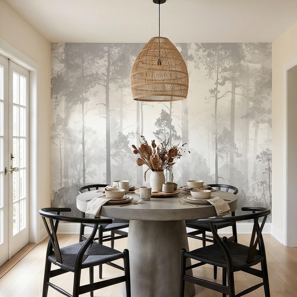 Gray Misty Forest Peel and Stick Wall Mural, Monochrome Woodland Tree Silhouettes, Foggy Botanical Ferns Minimal Soft Scandinavian Wallpaper