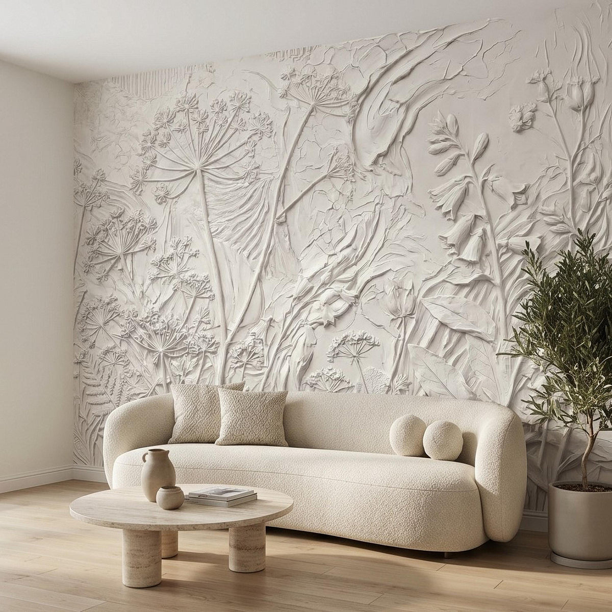 Textured floral wall mural with raised wildflower and dandelion relief behind light sofa
