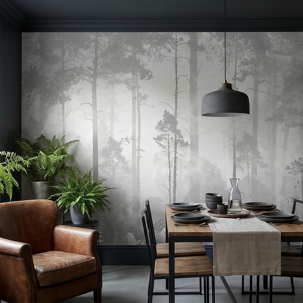 Gray Misty Forest Peel and Stick Wall Mural, Monochrome Woodland Tree Silhouettes, Foggy Botanical Ferns Minimal Soft Scandinavian Wallpaper