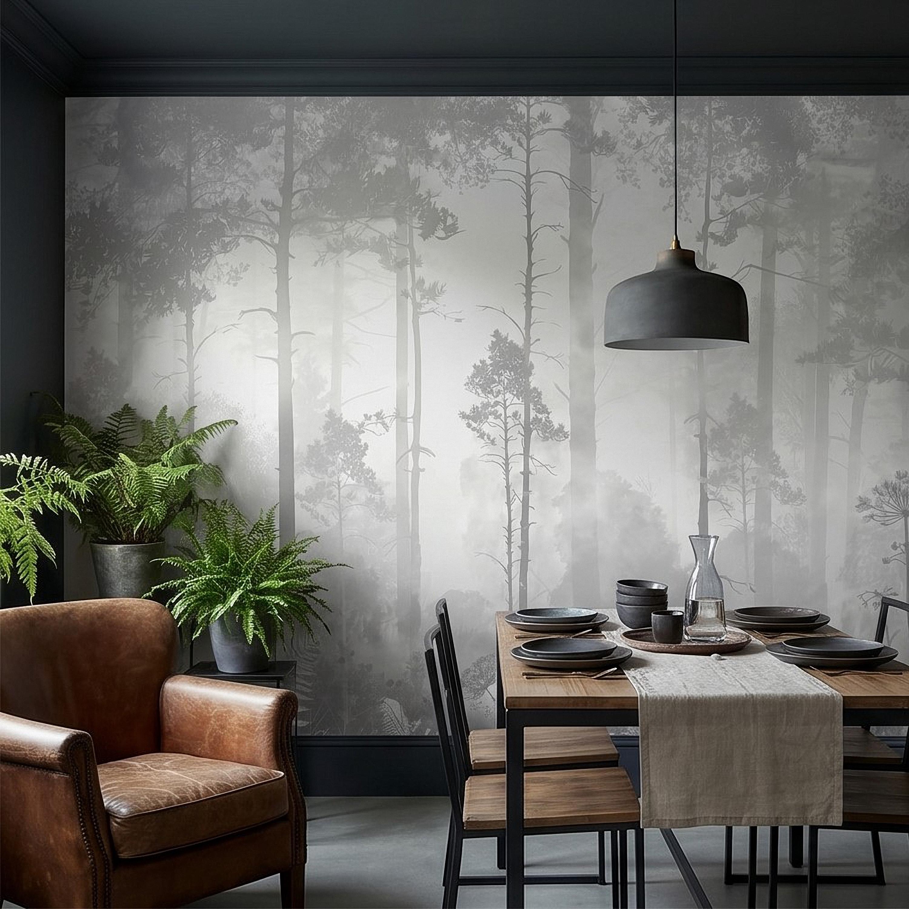 Gray Misty Forest Peel and Stick Wall Mural, Monochrome Woodland Tree Silhouettes, Foggy Botanical Ferns Minimal Soft Scandinavian Wallpaper