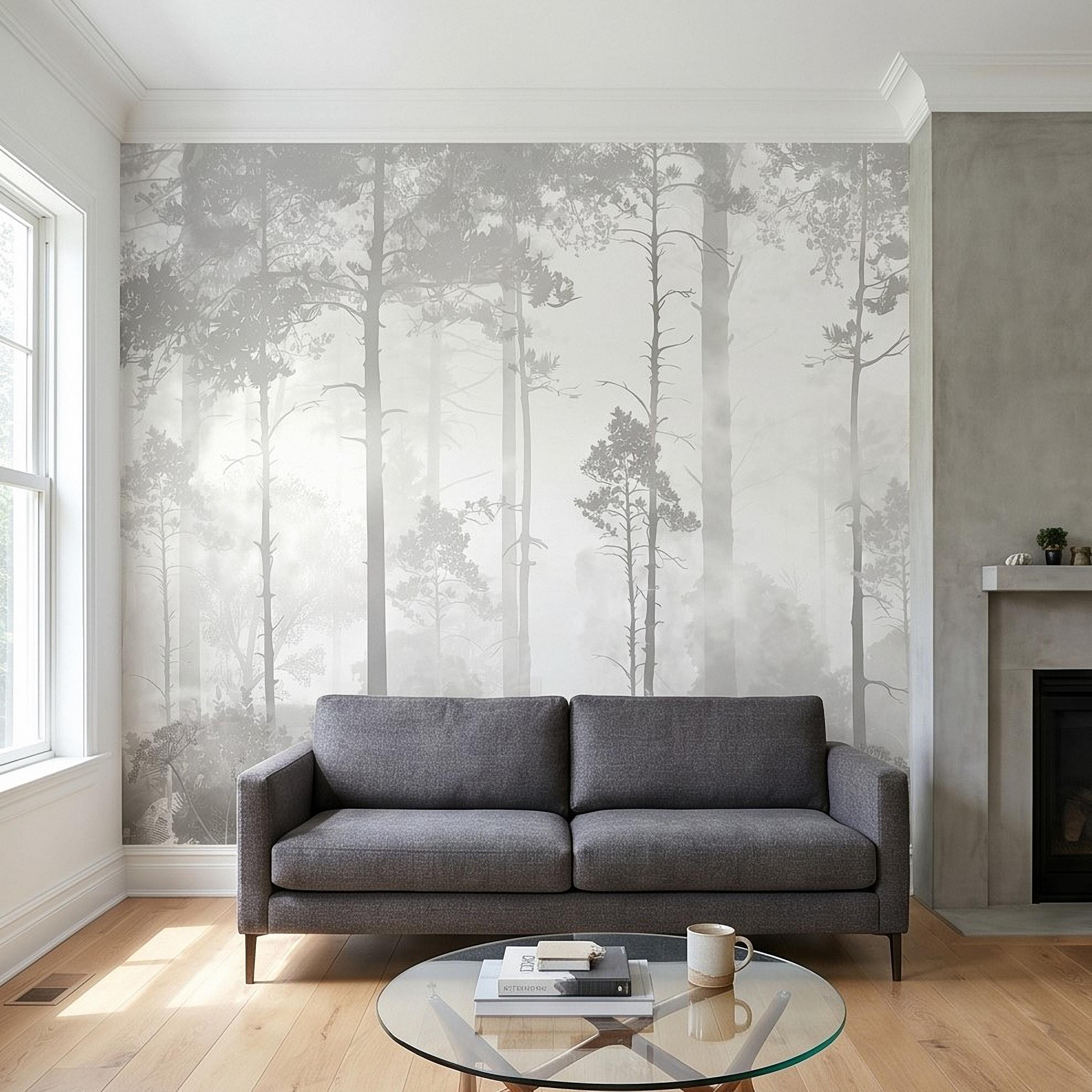 Gray Misty Forest Peel and Stick Wall Mural, Monochrome Woodland Tree Silhouettes, Foggy Botanical Ferns Minimal Soft Scandinavian Wallpaper
