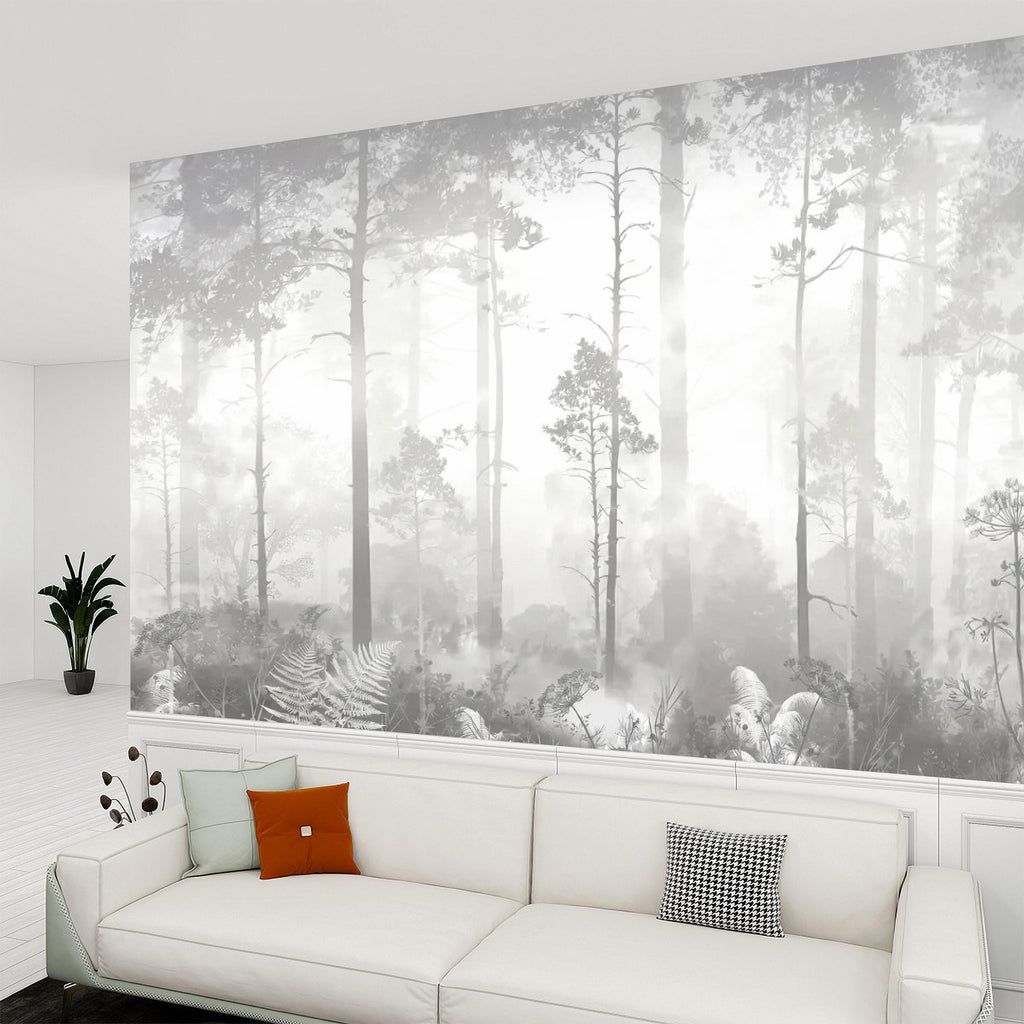 Gray Misty Forest Peel and Stick Wall Mural, Monochrome Woodland Tree Silhouettes, Foggy Botanical Ferns Minimal Soft Scandinavian Wallpaper