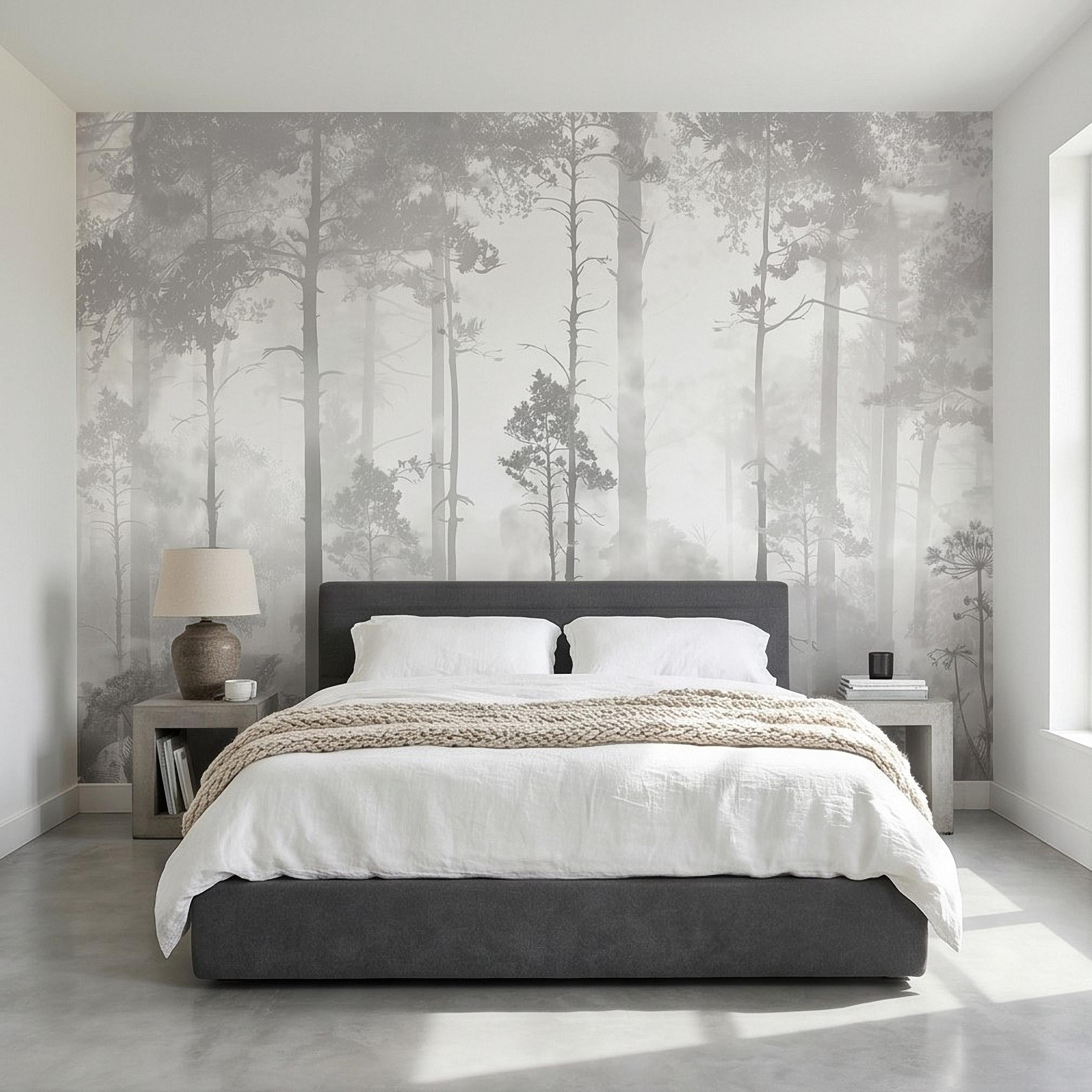 Gray Misty Forest Peel and Stick Wall Mural, Monochrome Woodland Tree Silhouettes, Foggy Botanical Ferns Minimal Soft Scandinavian Wallpaper