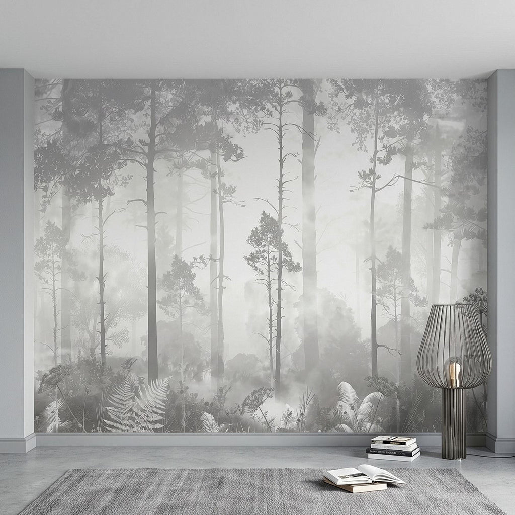 Gray Misty Forest Peel and Stick Wall Mural, Monochrome Woodland Tree Silhouettes, Foggy Botanical Ferns Minimal Soft Scandinavian Wallpaper
