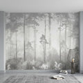 Gray Misty Forest Peel and Stick Wall Mural, Monochrome Woodland Tree Silhouettes, Foggy Botanical Ferns Minimal Soft Scandinavian Wallpaper