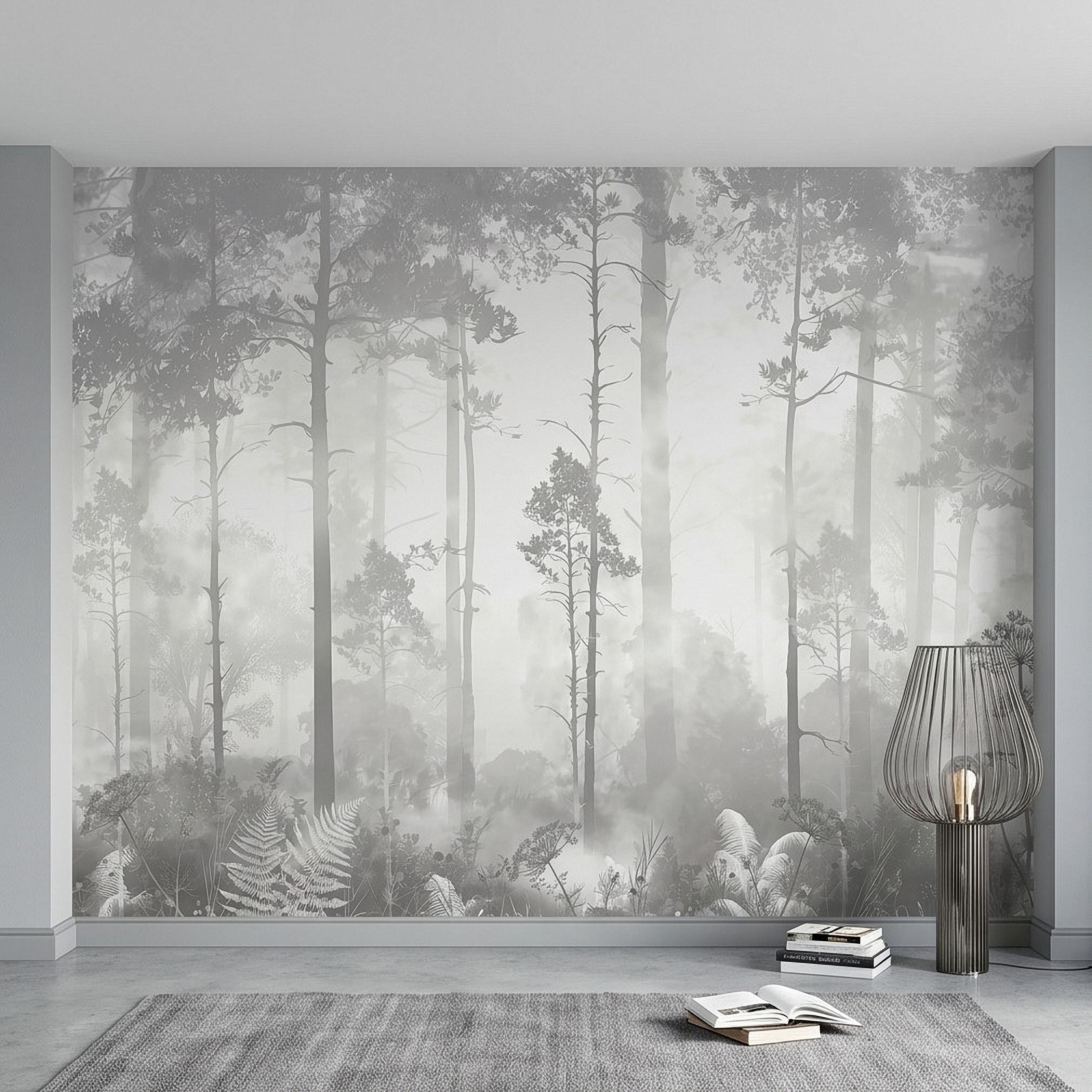 Gray Misty Forest Peel and Stick Wall Mural, Monochrome Woodland Tree Silhouettes, Foggy Botanical Ferns Minimal Soft Scandinavian Wallpaper