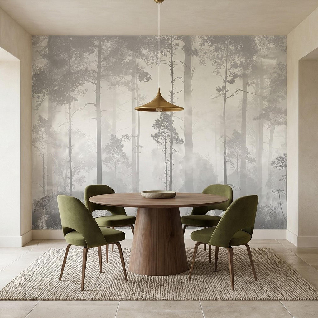 Gray Misty Forest Peel and Stick Wall Mural, Monochrome Woodland Tree Silhouettes, Foggy Botanical Ferns Minimal Soft Scandinavian Wallpaper