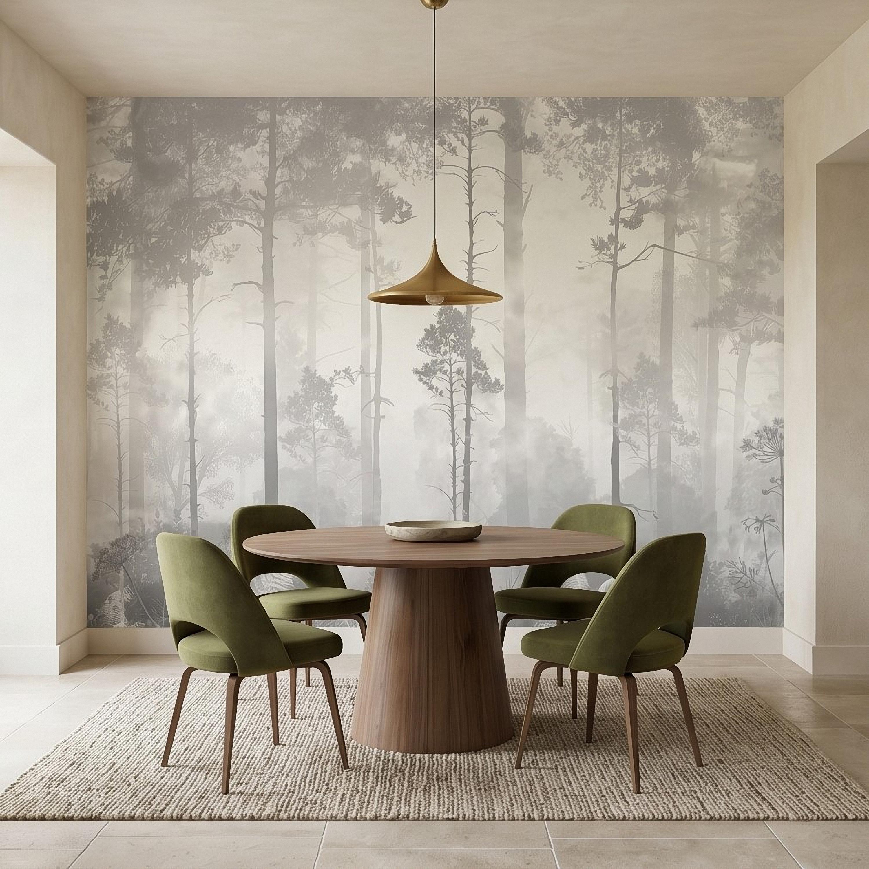 Gray Misty Forest Peel and Stick Wall Mural, Monochrome Woodland Tree Silhouettes, Foggy Botanical Ferns Minimal Soft Scandinavian Wallpaper