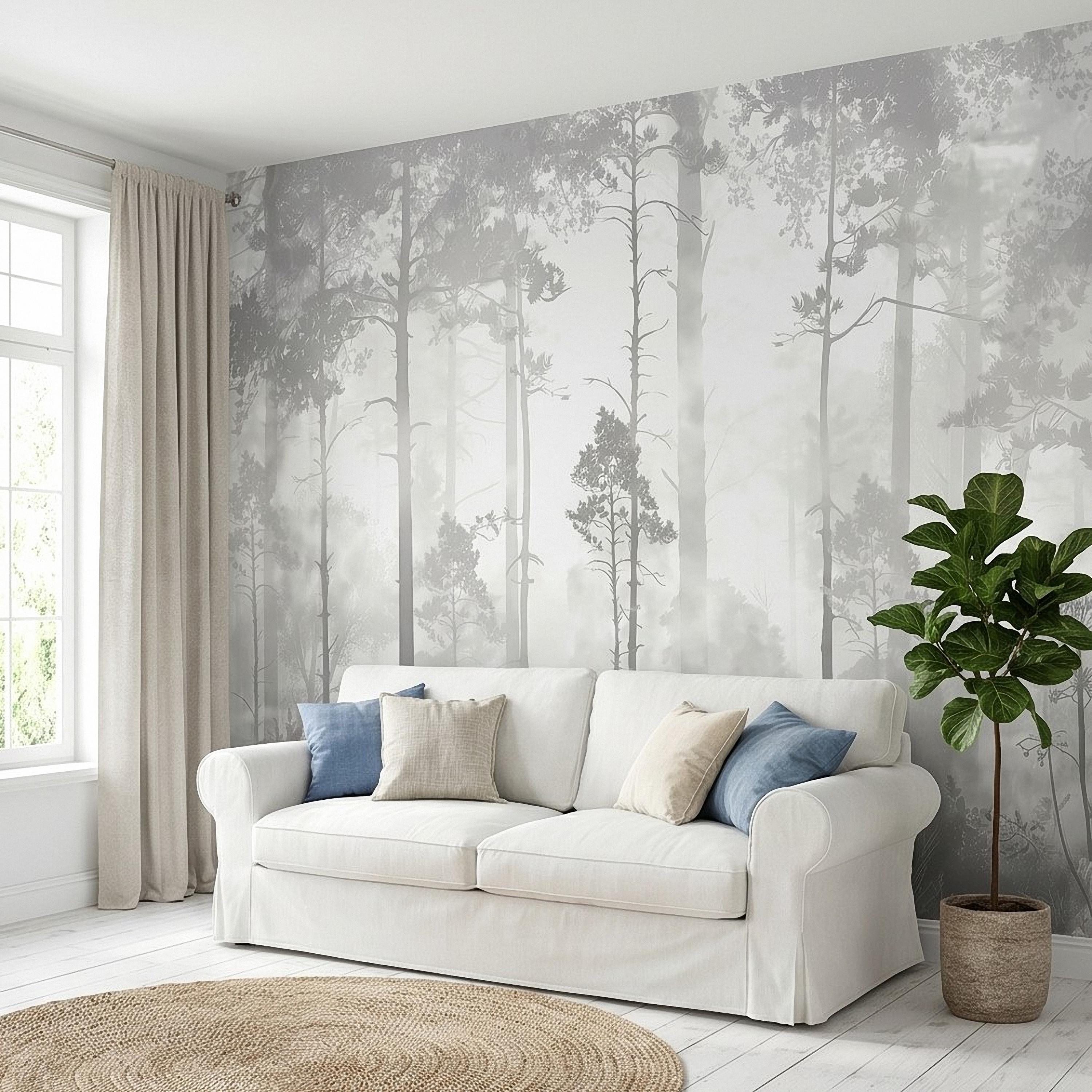 Gray Misty Forest Peel and Stick Wall Mural, Monochrome Woodland Tree Silhouettes, Foggy Botanical Ferns Minimal Soft Scandinavian Wallpaper