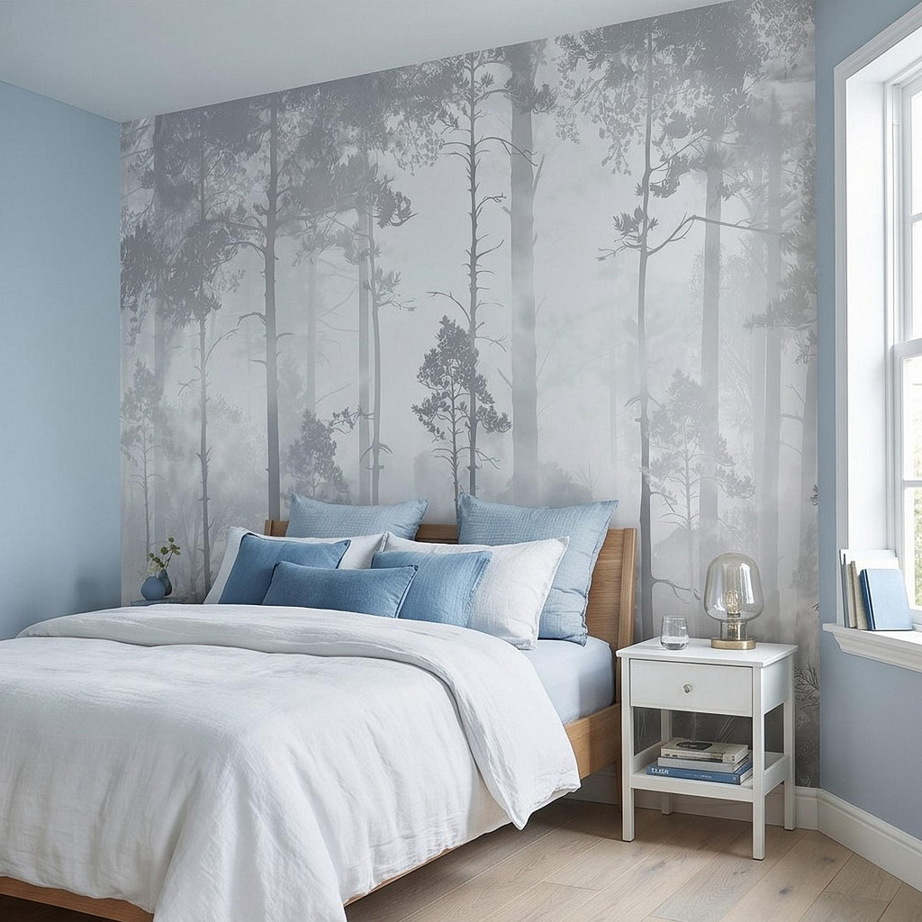 Gray Misty Forest Peel and Stick Wall Mural, Monochrome Woodland Tree Silhouettes, Foggy Botanical Ferns Minimal Soft Scandinavian Wallpaper