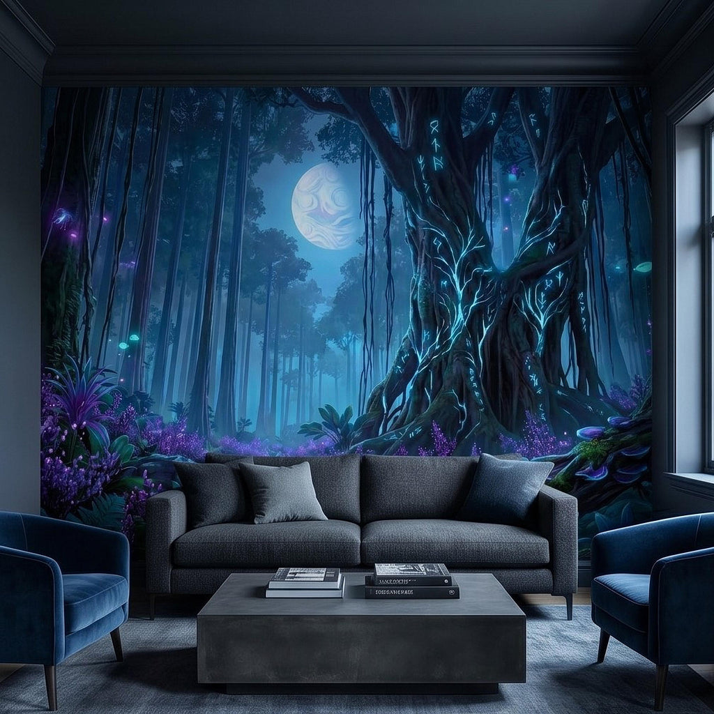 Enchanted Moonlit Forest Peel and Stick Wall Mural, Mystic Rune Tree, Blue Violet Fantasy Woods, Fireflies and Mushrooms Night Wallpaper