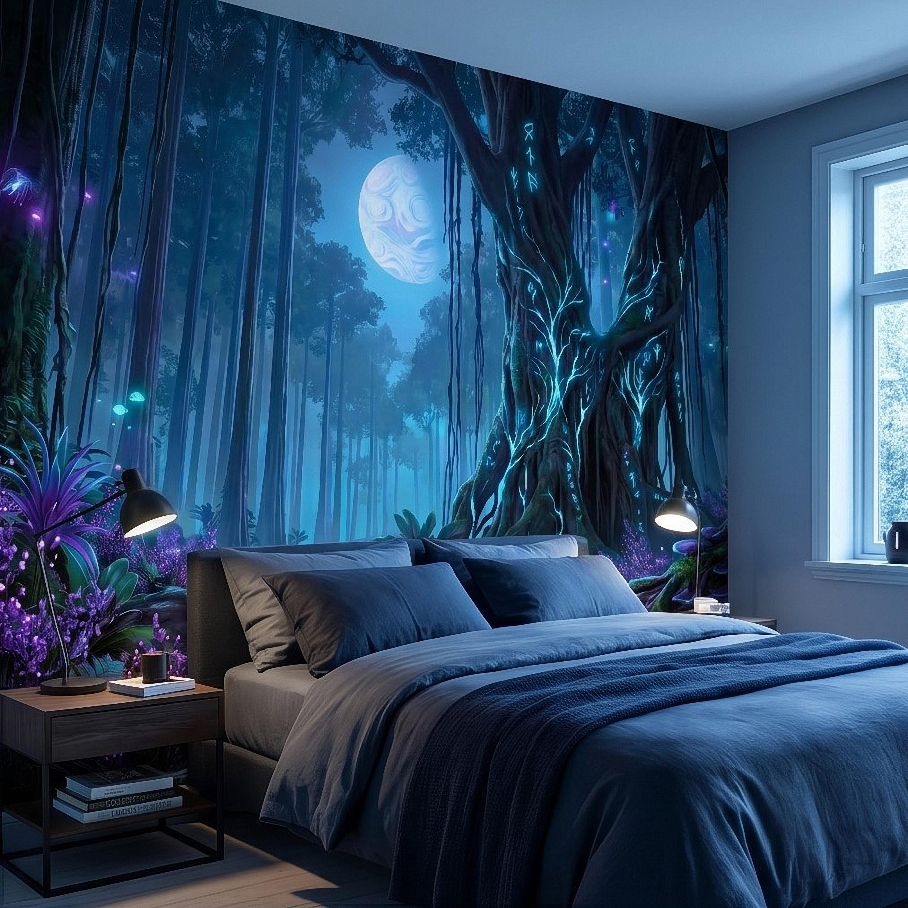 Enchanted Moonlit Forest Peel and Stick Wall Mural, Mystic Rune Tree, Blue Violet Fantasy Woods, Fireflies and Mushrooms Night Wallpaper